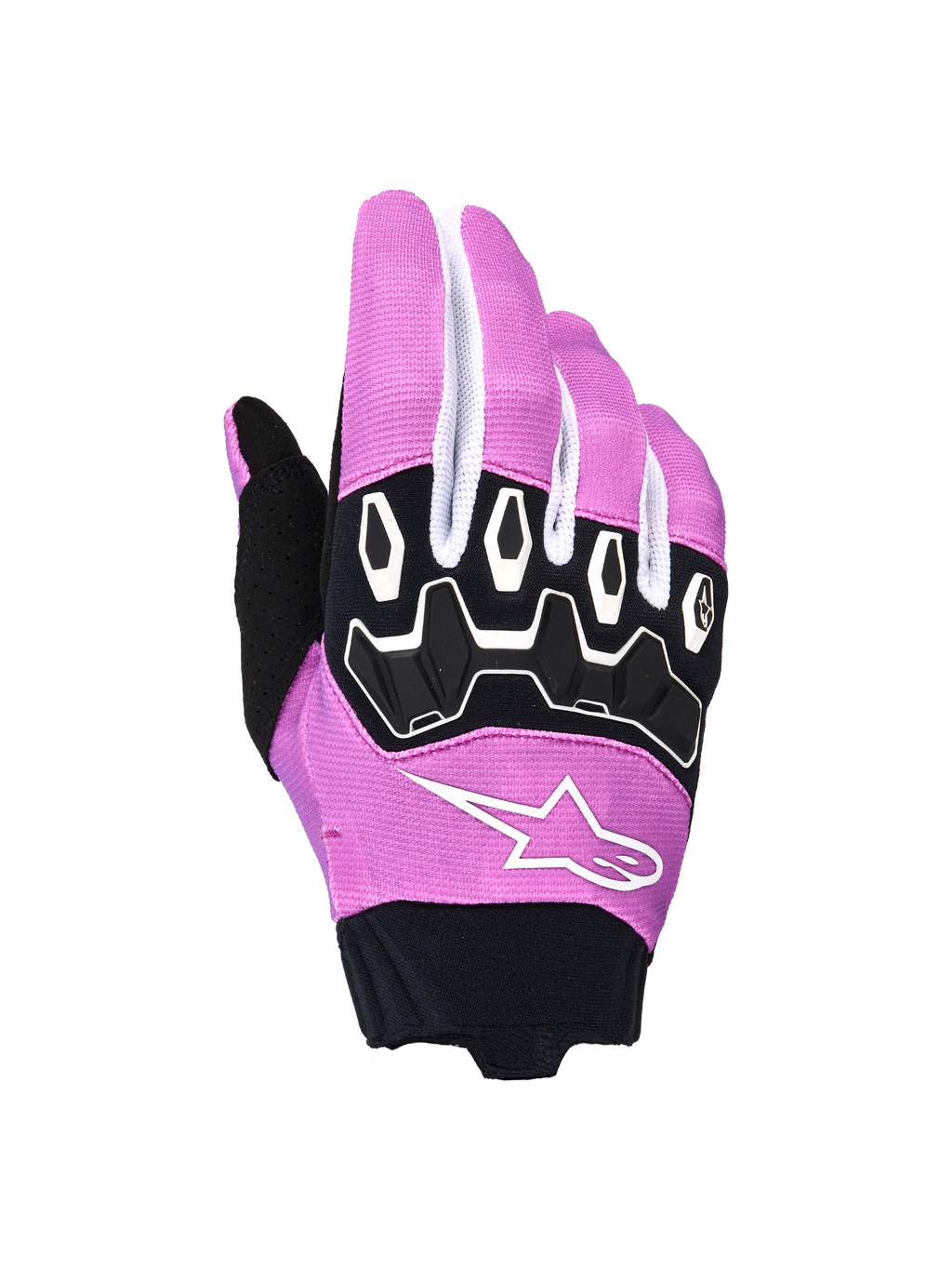 Alpinestars Stella Full Bore V2 handsker, motocrosshandsker til damer, violet, hvid og sort, med ergonomisk TPR-knobeskyttelse, hvidt Alpinestars stjerne-logo på violet strækstof, sort neoprenmanchet, off-road motorcykel-racerudstyr