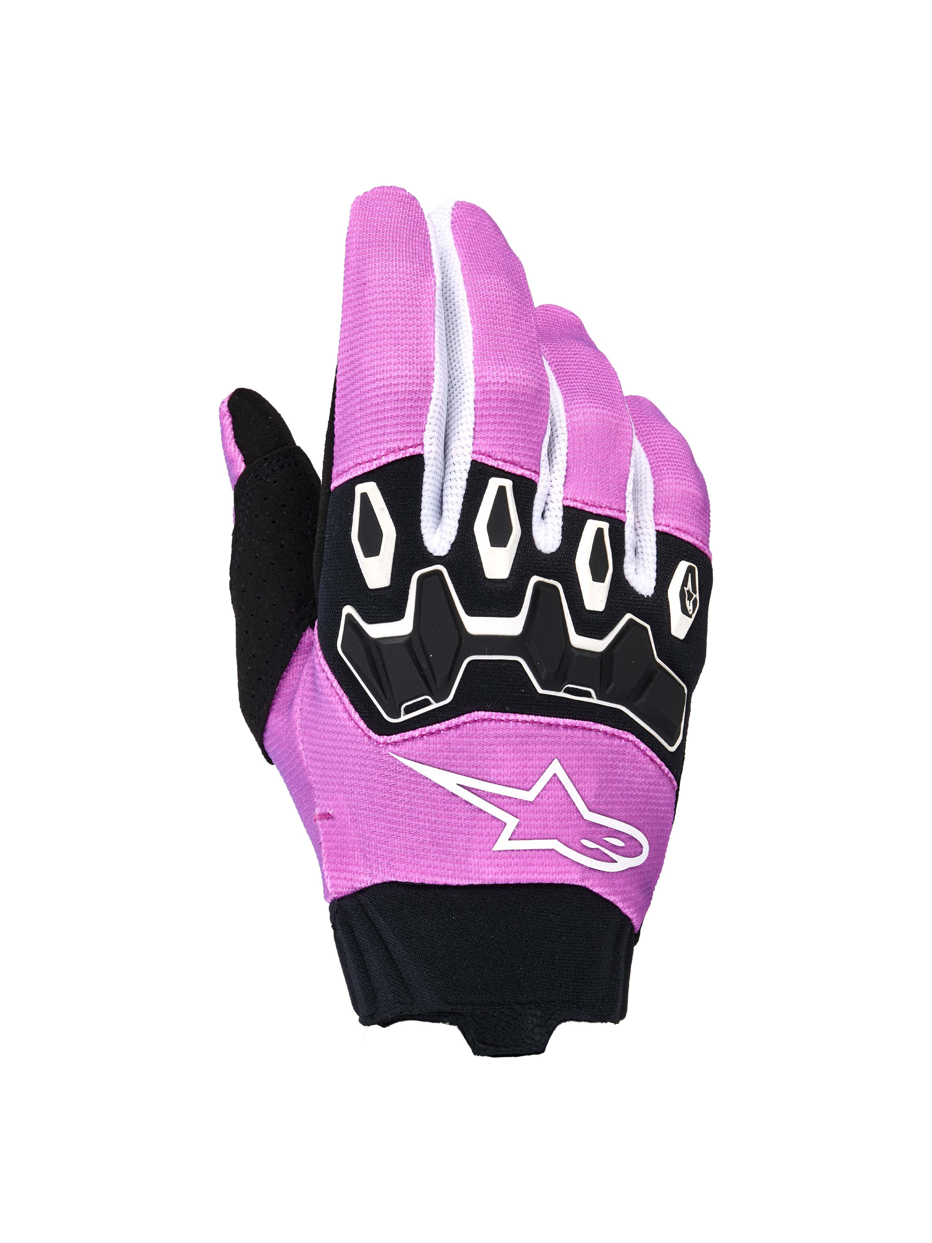 Alpinestars Stella Full Bore V2 handsker, motocrosshandsker til damer, violet, hvid og sort, med ergonomisk TPR-knobeskyttelse, hvidt Alpinestars stjerne-logo på violet strækstof, sort neoprenmanchet, off-road motorcykel-racerudstyr