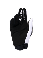 Alpinestars 2026 Woman Stella Full Bore V2 handsker, motocrosshandsker, hvid og sort håndfladevisning, syntetisk ruskindskonstruktion, silikonegreb på fingrene til kontrol af greb, hvidt logo, sikker neoprenmanchet