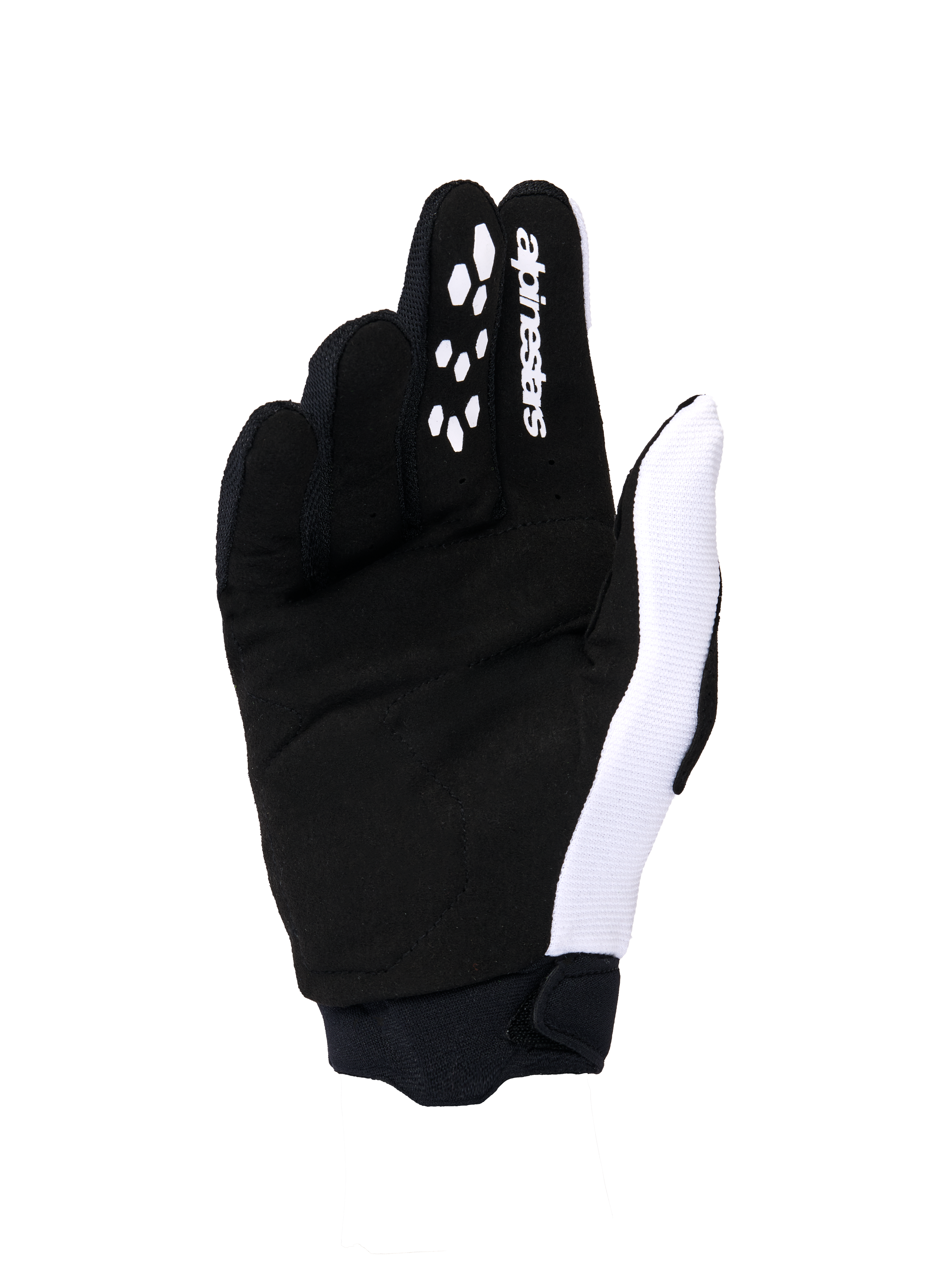 Alpinestars 2026 Woman Stella Full Bore V2 handsker, motocrosshandsker, hvid og sort håndfladevisning, syntetisk ruskindskonstruktion, silikonegreb på fingrene til kontrol af greb, hvidt logo, sikker neoprenmanchet