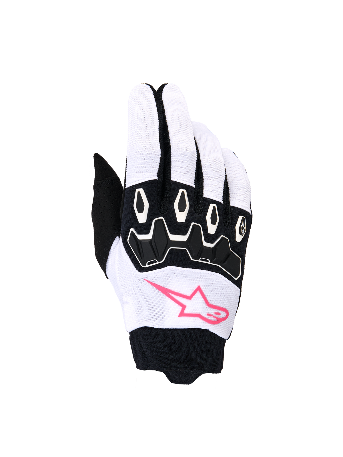 Alpinestars Stella Full Bore V2 handsker, motocrosshandsker til kvinder, hvid og sort med pink fluo, pink stjerne-logo, sort TPR-knobeskyttelse, åndbart strækstof til off-road kørsel