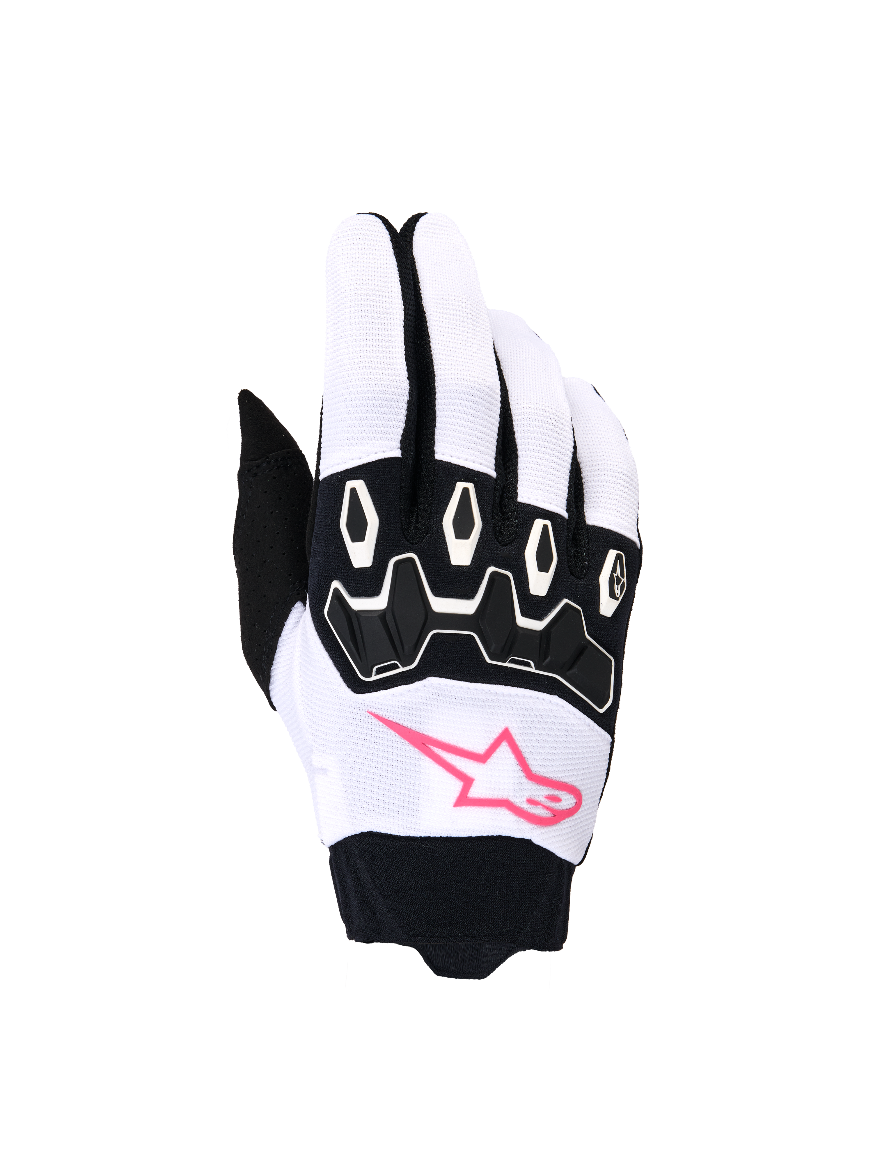Alpinestars Stella Full Bore V2 handsker, motocrosshandsker til kvinder, hvid og sort med pink fluo, pink stjerne-logo, sort TPR-knobeskyttelse, åndbart strækstof til off-road kørsel