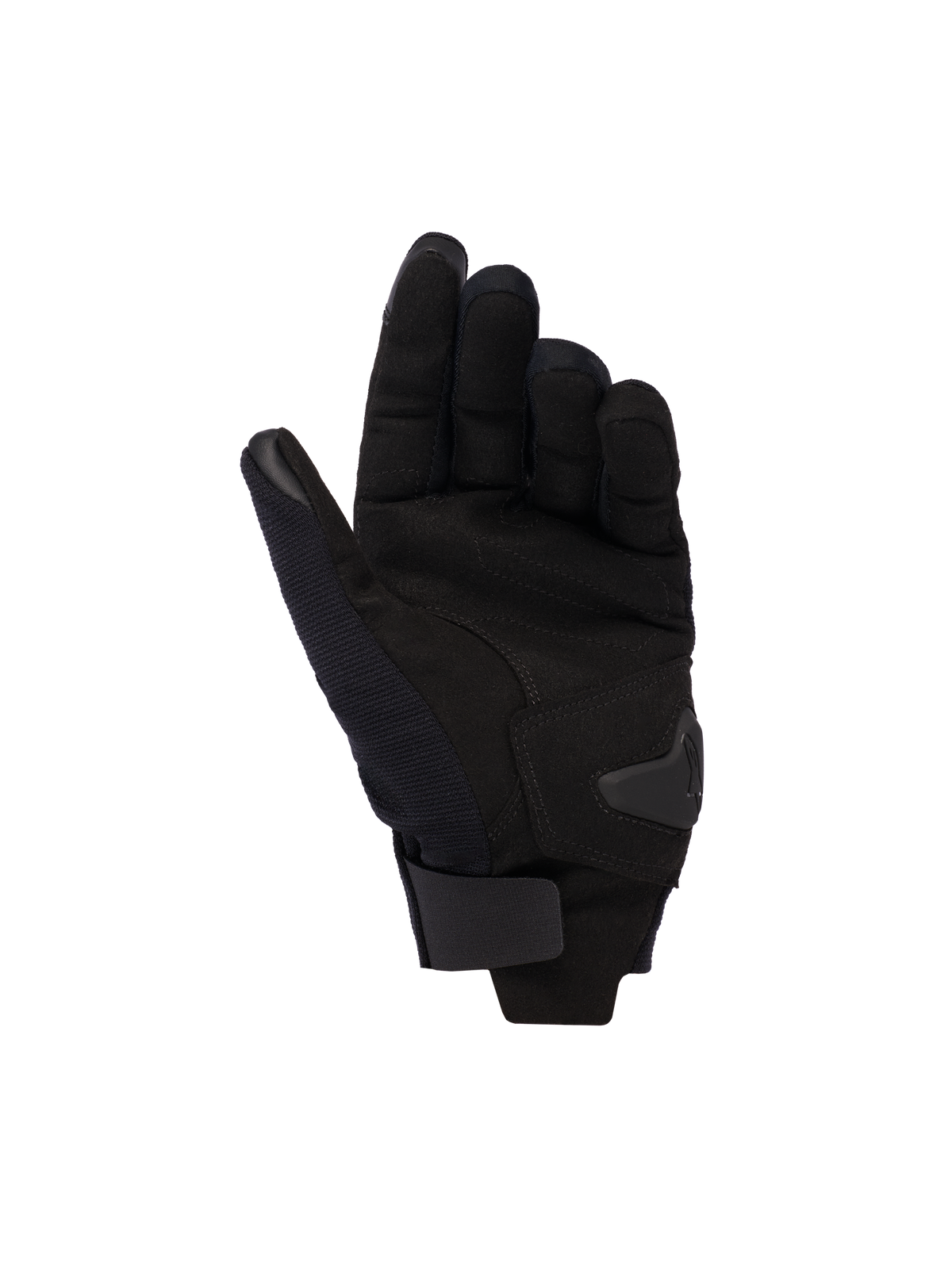 Alpinestars Reef v2 handsker til kvinder, sort, set fra håndfladen, viser syntetisk ruskindsmateriale, polstret forstærkning og krog-og-løkke håndledsrem, urban motorcykelhandsker med kort manchet