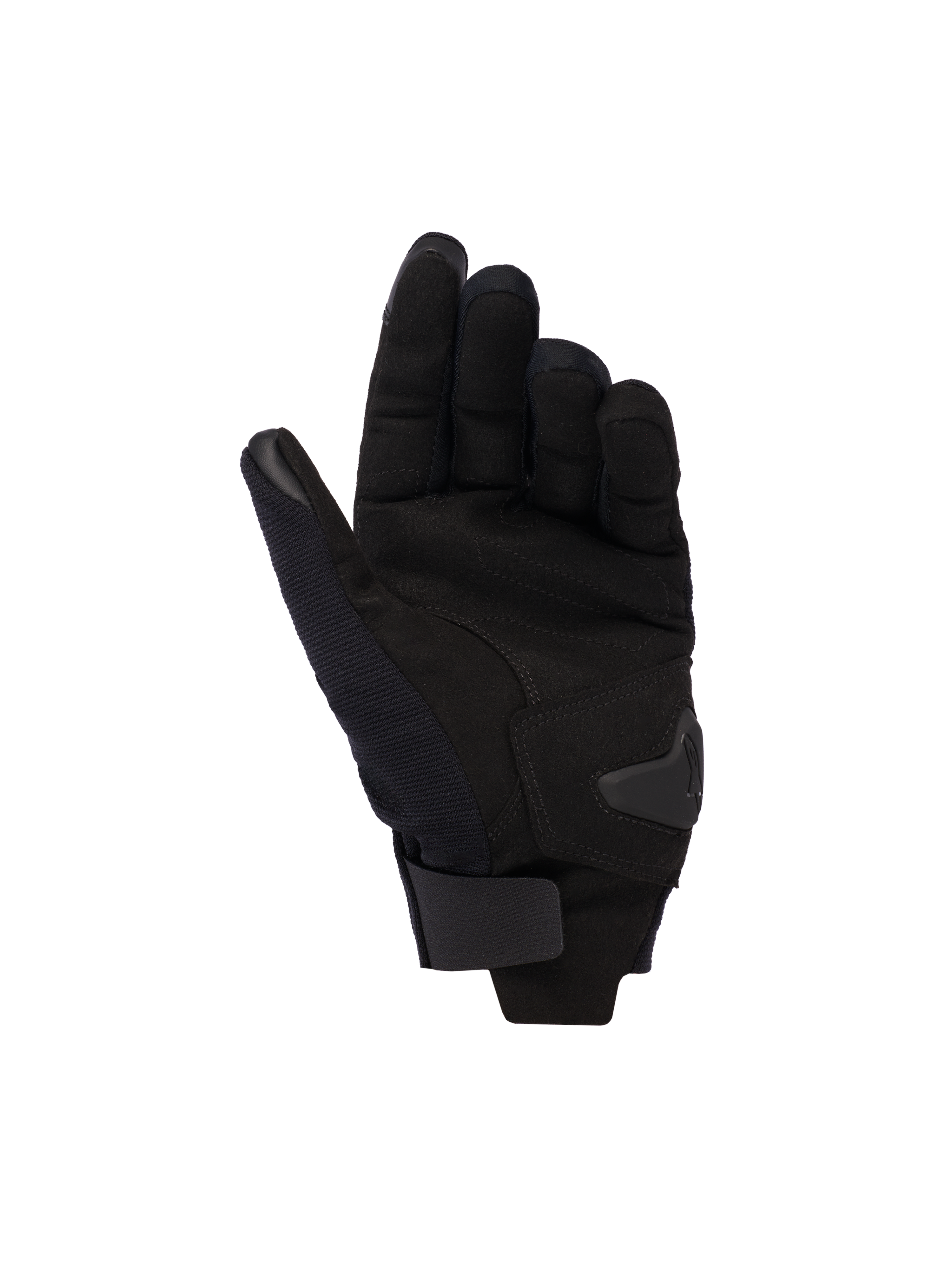 Alpinestars Reef v2 handsker til kvinder, sort, set fra håndfladen, viser syntetisk ruskindsmateriale, polstret forstærkning og krog-og-løkke håndledsrem, urban motorcykelhandsker med kort manchet