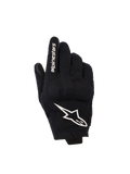 Alpinestars Reef Women's V2 handsker, korte motorcykelhandsker til damer, sort og hvid, tekstilhåndryg med 3D TPU-knobeskyttelse, hvidt stjernelogo og branding på pegefingeren