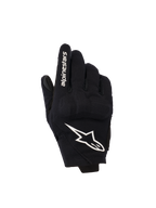 Alpinestars Reef Women's V2 handsker, korte motorcykelhandsker til damer, sort og hvid, tekstilhåndryg med 3D TPU-knobeskyttelse, hvidt stjernelogo og branding på pegefingeren