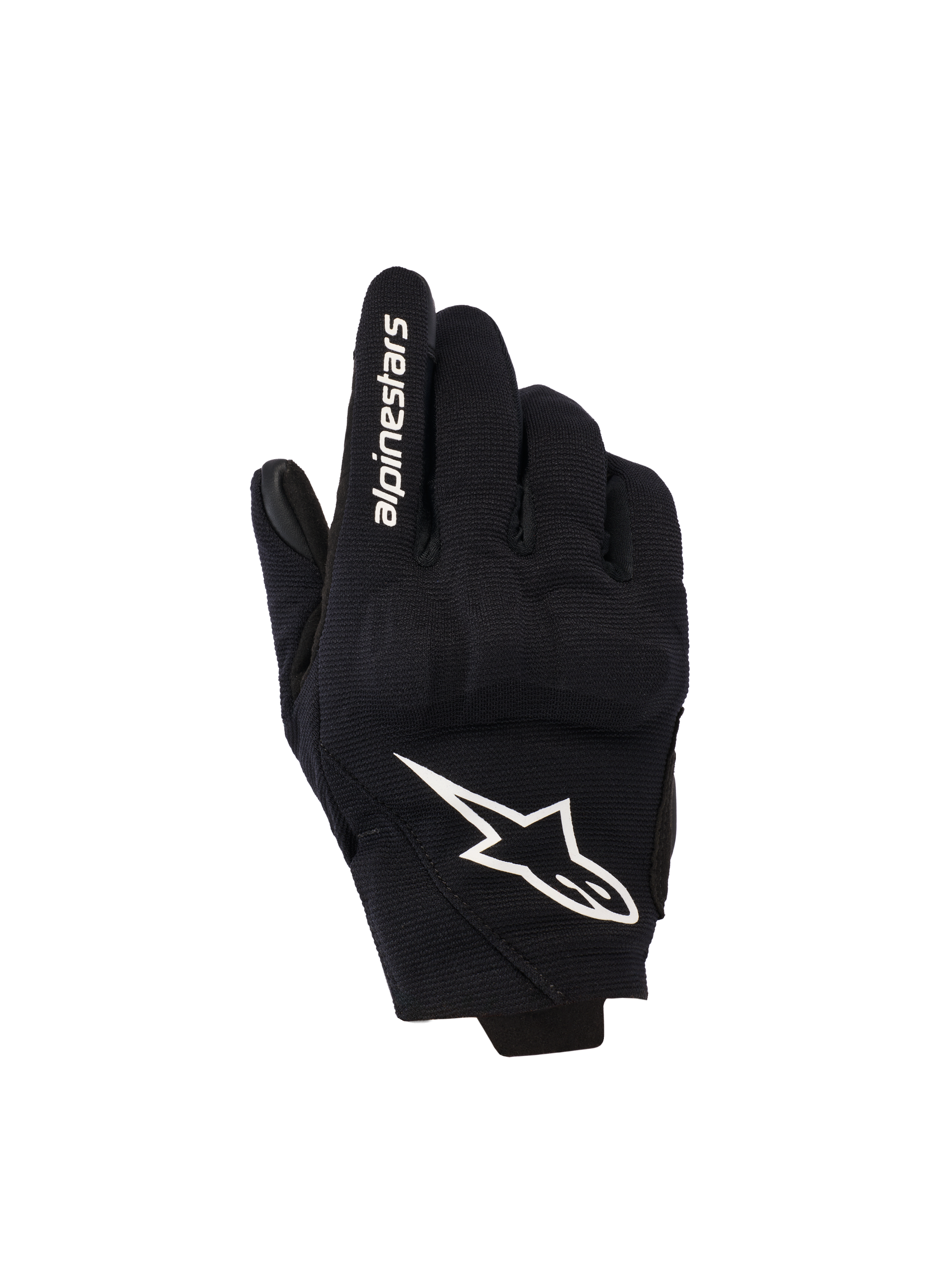 Alpinestars Reef Women's V2 handsker, korte motorcykelhandsker til damer, sort og hvid, tekstilhåndryg med 3D TPU-knobeskyttelse, hvidt stjernelogo og branding på pegefingeren