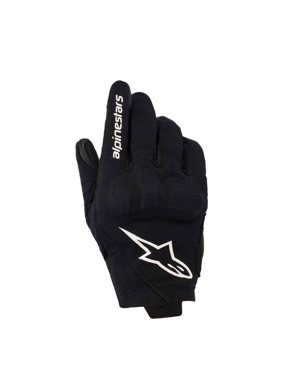 Alpinestars Reef Women's V2 handsker, korte motorcykelhandsker til damer, sort og hvid, tekstilhåndryg med 3D TPU-knobeskyttelse, hvidt stjernelogo og branding på pegefingeren