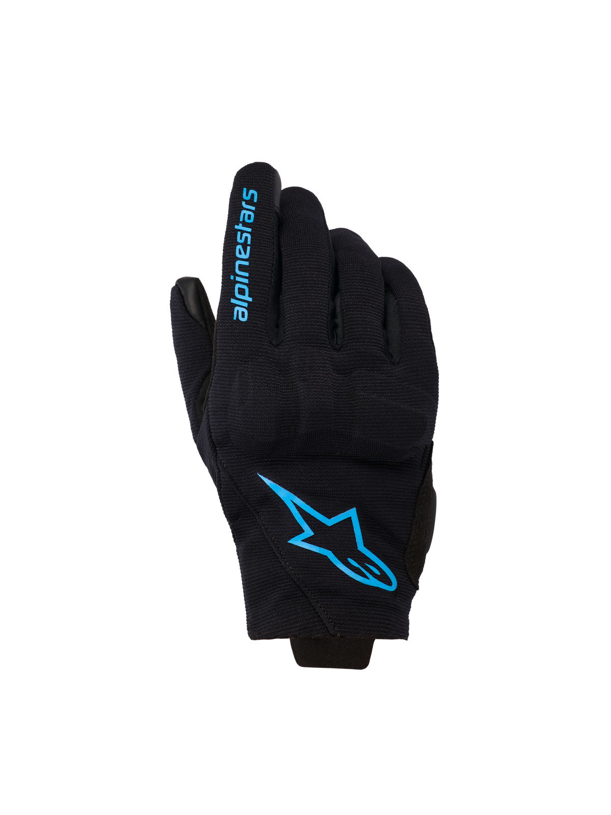 Alpinestars Reef Women's V2-handsker, motorcykelhandsker med kort manchet, sort med klart blåt Hawaiian Ocean-logo, med Alpinestars-logo på håndryggen og tekst på fingeren, urban kørestil