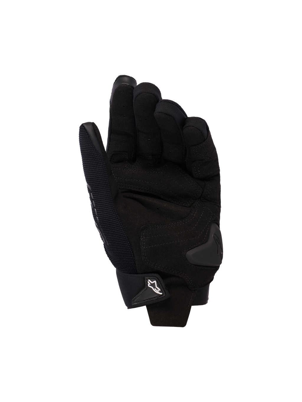 Alpinestars Stella SP X 3 motorcykelhandsker til damer, sort, håndfladevisning med syntetiske læderforstærkninger, TPU-håndfladeslider og justerbar håndledslukning med hvidt logo.