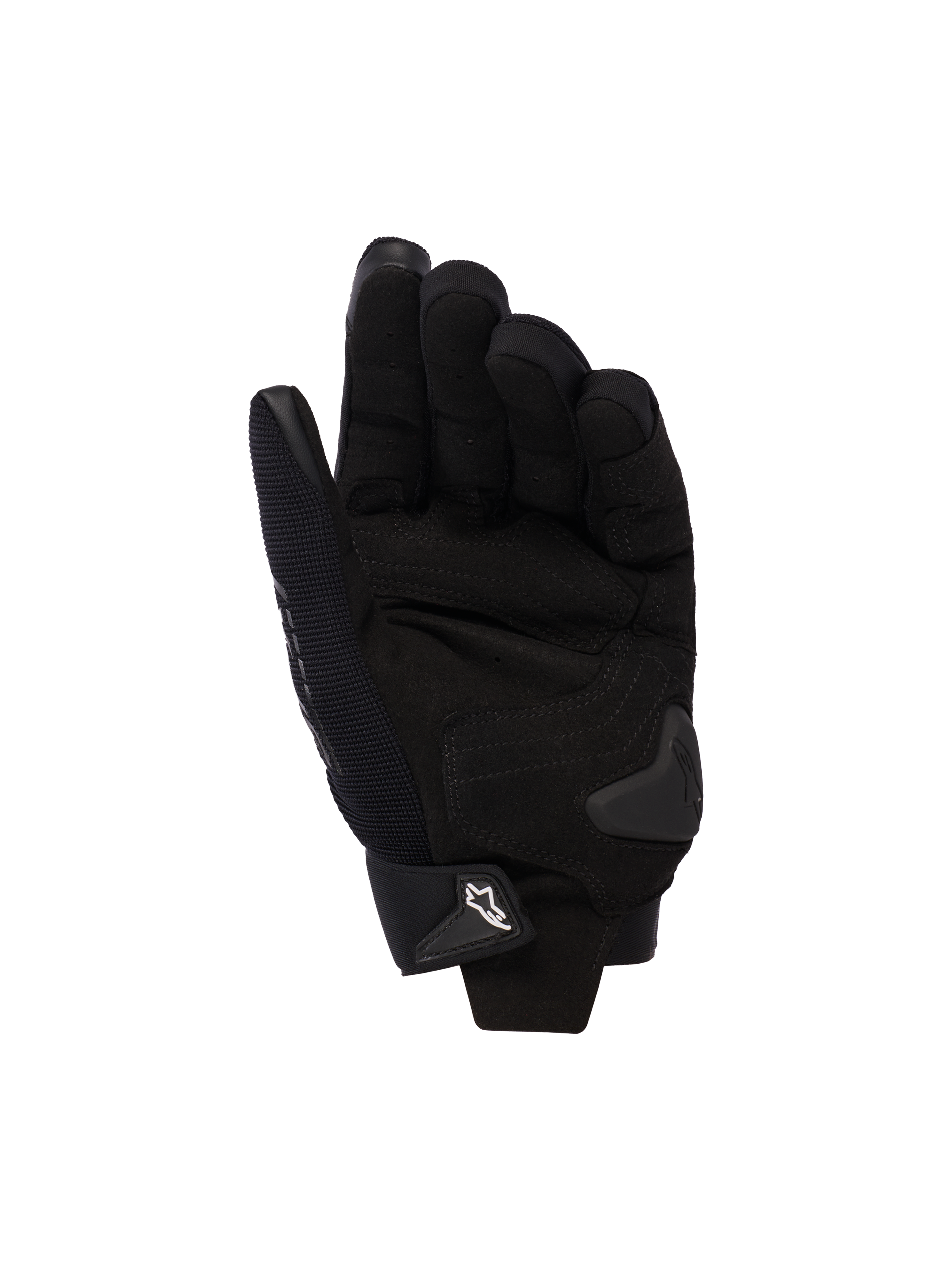 Alpinestars Stella SP X 3 motorcykelhandsker til damer, sort, håndfladevisning med syntetiske læderforstærkninger, TPU-håndfladeslider og justerbar håndledslukning med hvidt logo.