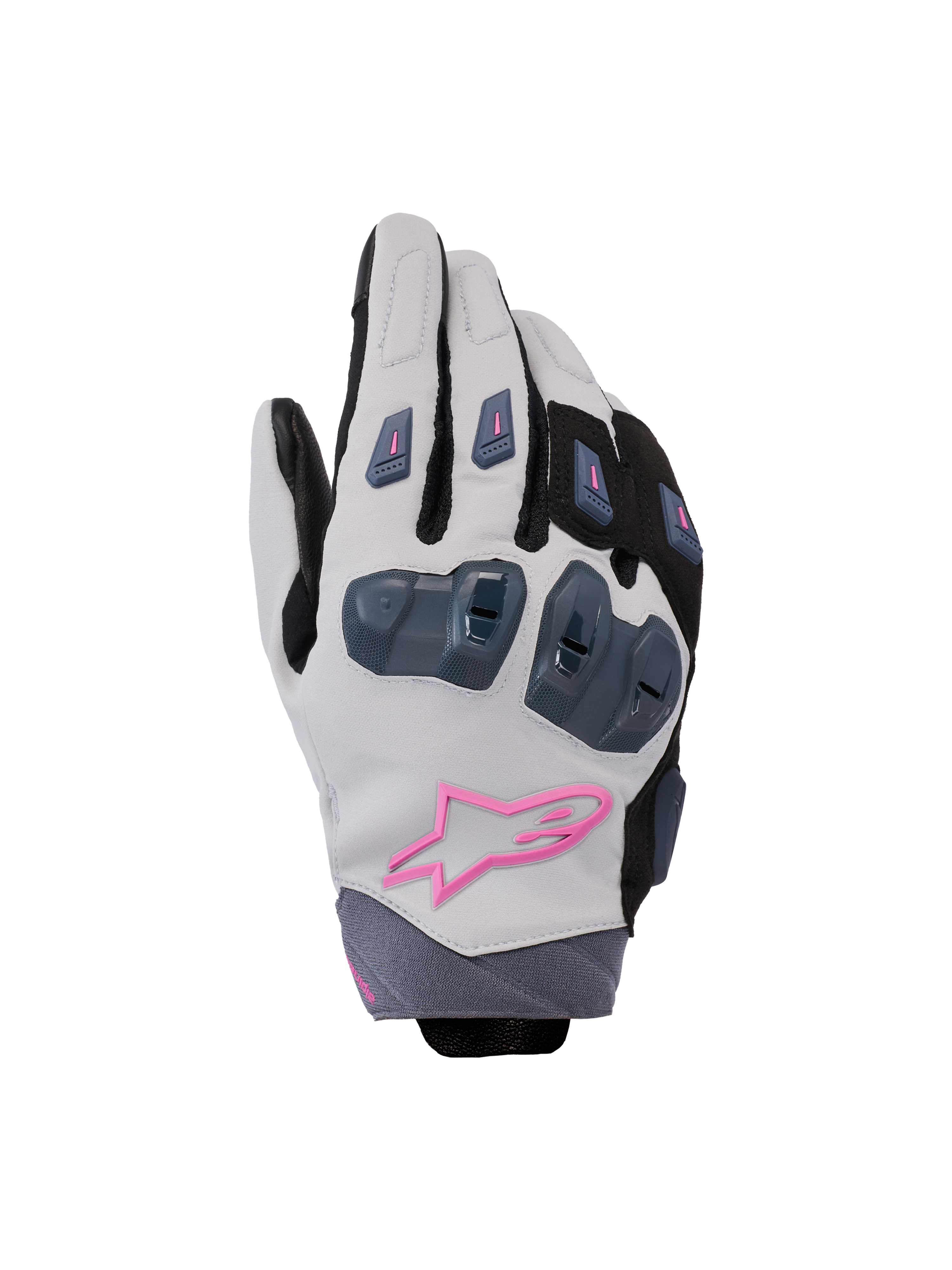 Alpinestars Stella SP X 3 Gloves, Women's Motorcycle Racing Gloves, Mid Gray, Black and Pink, featuring hard knuckle protection and a pink star logo, sleek sport design