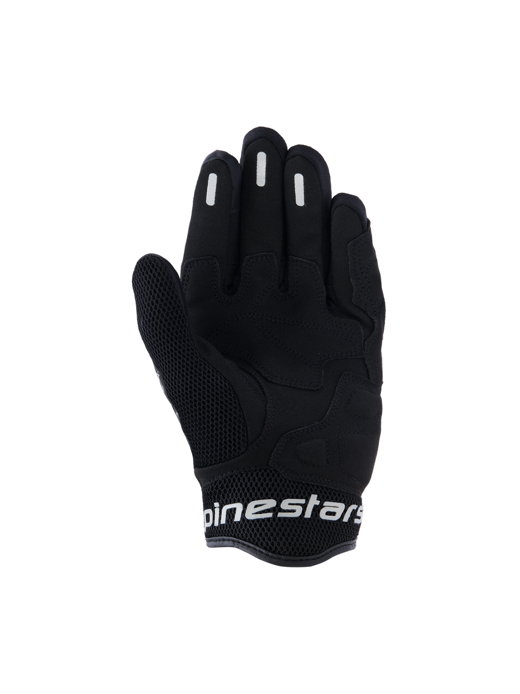Alpinestars Stella Mogress Airflow handsker, urbane motorcykelhandsker til kvinder, sort, set fra håndfladen med syntetisk håndfladeforstærkning, åndbart 3D-mesh på tommelfinger og manchet samt hvidt Alpinestars-logo på den korte manchet.