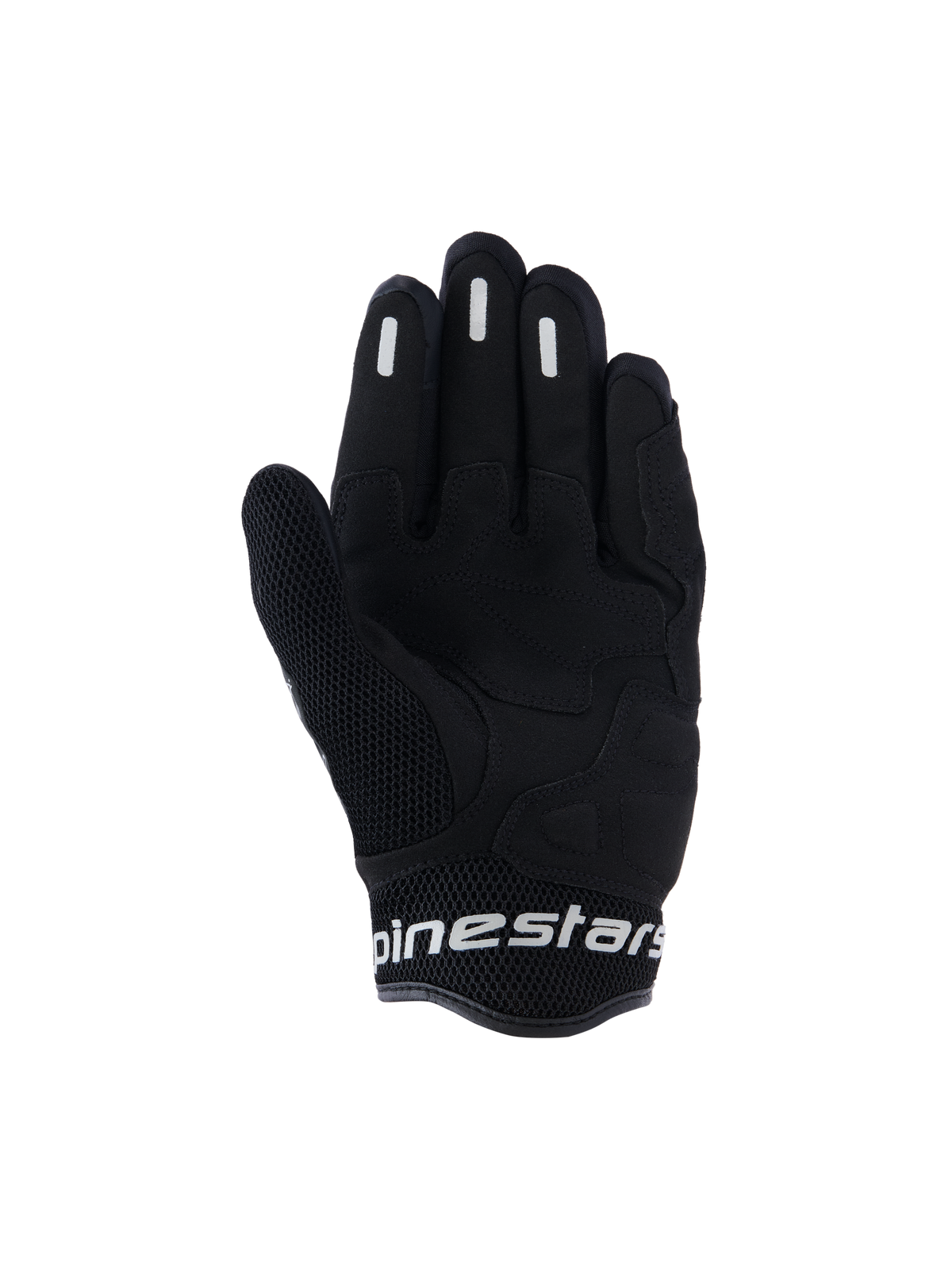 Alpinestars Stella Mogress Airflow handsker, urbane motorcykelhandsker til kvinder, sort, set fra håndfladen med syntetisk håndfladeforstærkning, åndbart 3D-mesh på tommelfinger og manchet samt hvidt Alpinestars-logo på den korte manchet.