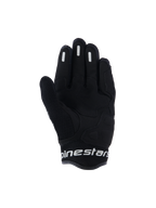 Alpinestars Stella Mogress Airflow handsker, urbane motorcykelhandsker til kvinder, sort, set fra håndfladen med syntetisk håndfladeforstærkning, åndbart 3D-mesh på tommelfinger og manchet samt hvidt Alpinestars-logo på den korte manchet.