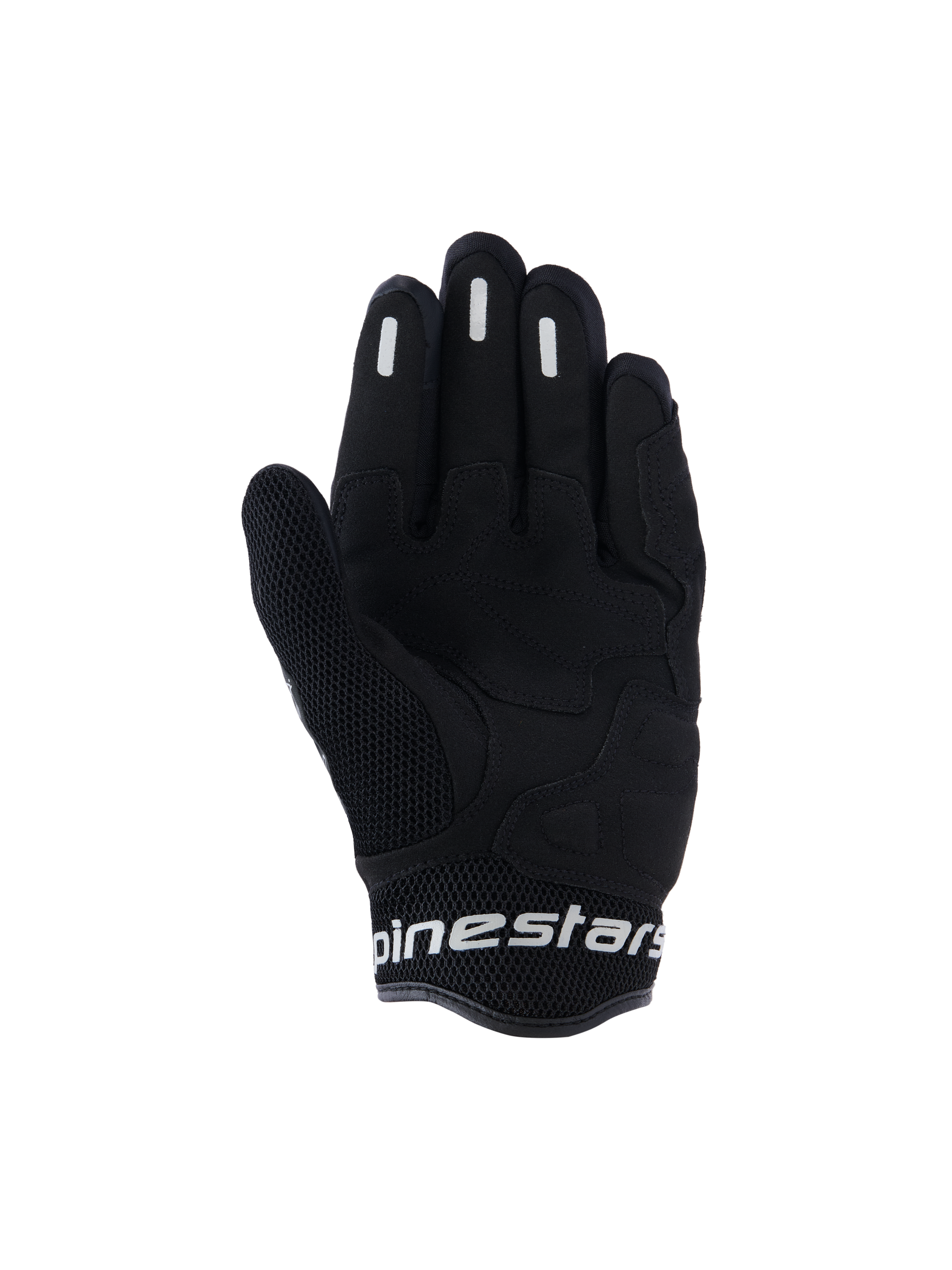 Alpinestars Stella Mogress Airflow handsker, urbane motorcykelhandsker til kvinder, sort, set fra håndfladen med syntetisk håndfladeforstærkning, åndbart 3D-mesh på tommelfinger og manchet samt hvidt Alpinestars-logo på den korte manchet.