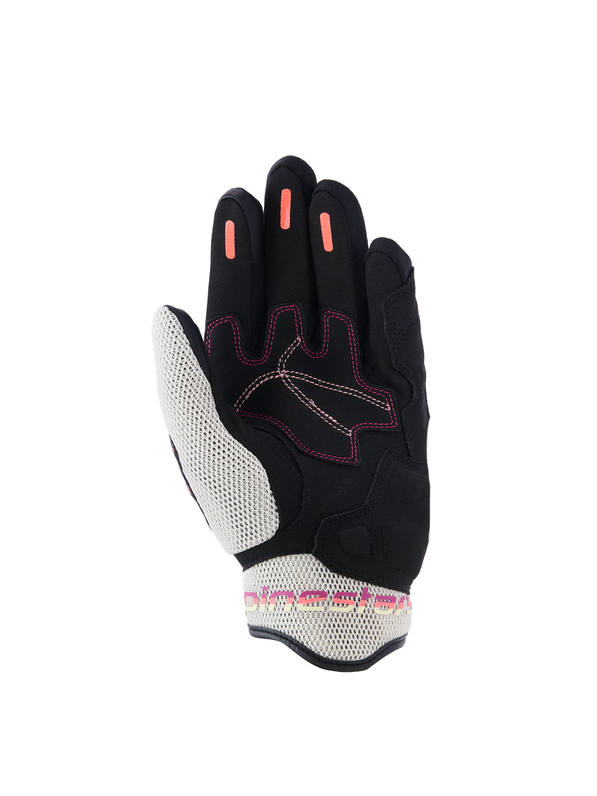 Alpinestars Stella Mogress Airflow handsker til kvinder, motorcykelhandsker, Black Ecru Fading Coral, set fra håndfladen med hvidt 3D-mesh på tommelfinger og manchet, koralfarvede silikone-grip-striber på fingrene og lyserøde syninger