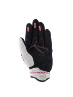 Alpinestars Stella Mogress Airflow handsker til kvinder, motorcykelhandsker, Black Ecru Fading Coral, set fra håndfladen med hvidt 3D-mesh på tommelfinger og manchet, koralfarvede silikone-grip-striber på fingrene og lyserøde syninger