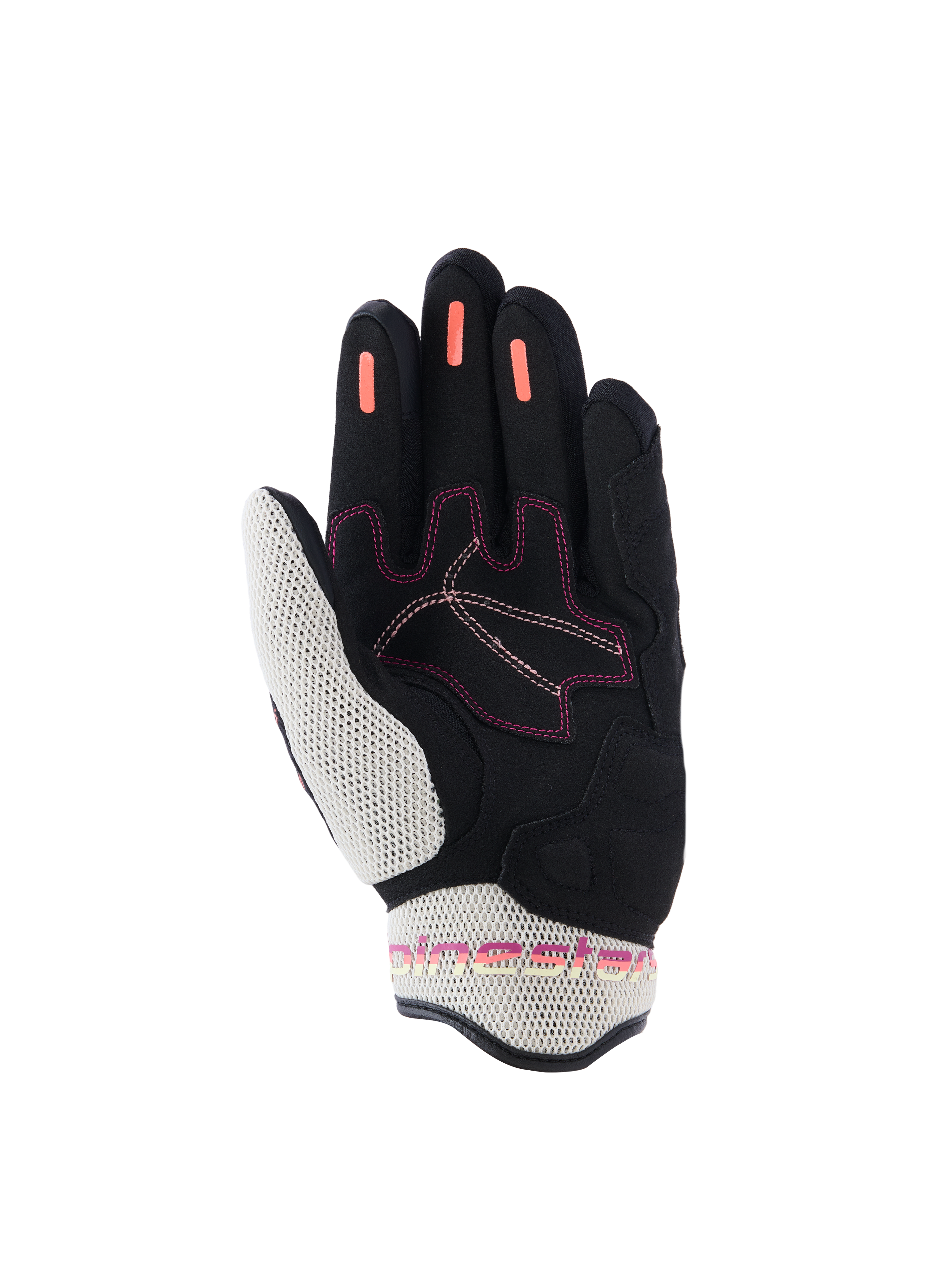 Alpinestars Stella Mogress Airflow handsker til kvinder, motorcykelhandsker, Black Ecru Fading Coral, set fra håndfladen med hvidt 3D-mesh på tommelfinger og manchet, koralfarvede silikone-grip-striber på fingrene og lyserøde syninger