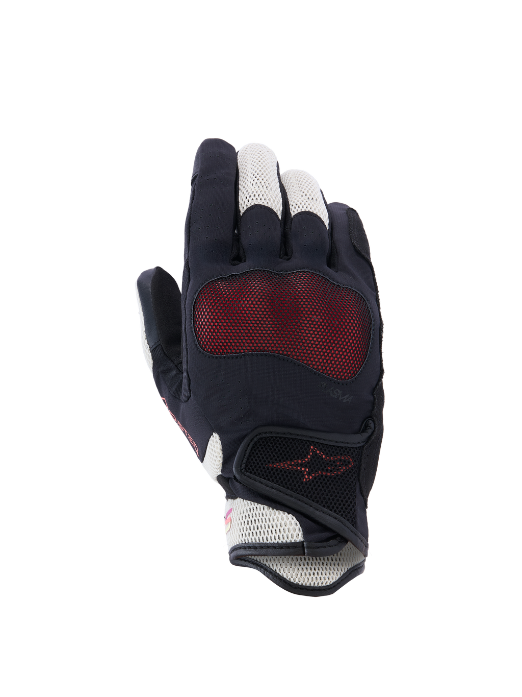 Alpinestars Stella Mogress Airflow handsker, motorcykelhandsker til damer, sort, ecru og fading coral, set fra håndryggen med 3D-mesh-indsatser, Nucleon Plasma knoglebeskyttelse og velcrolukning ved håndleddet