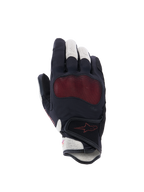 Alpinestars Stella Mogress Airflow handsker, motorcykelhandsker til damer, sort, ecru og fading coral, set fra håndryggen med 3D-mesh-indsatser, Nucleon Plasma knoglebeskyttelse og velcrolukning ved håndleddet
