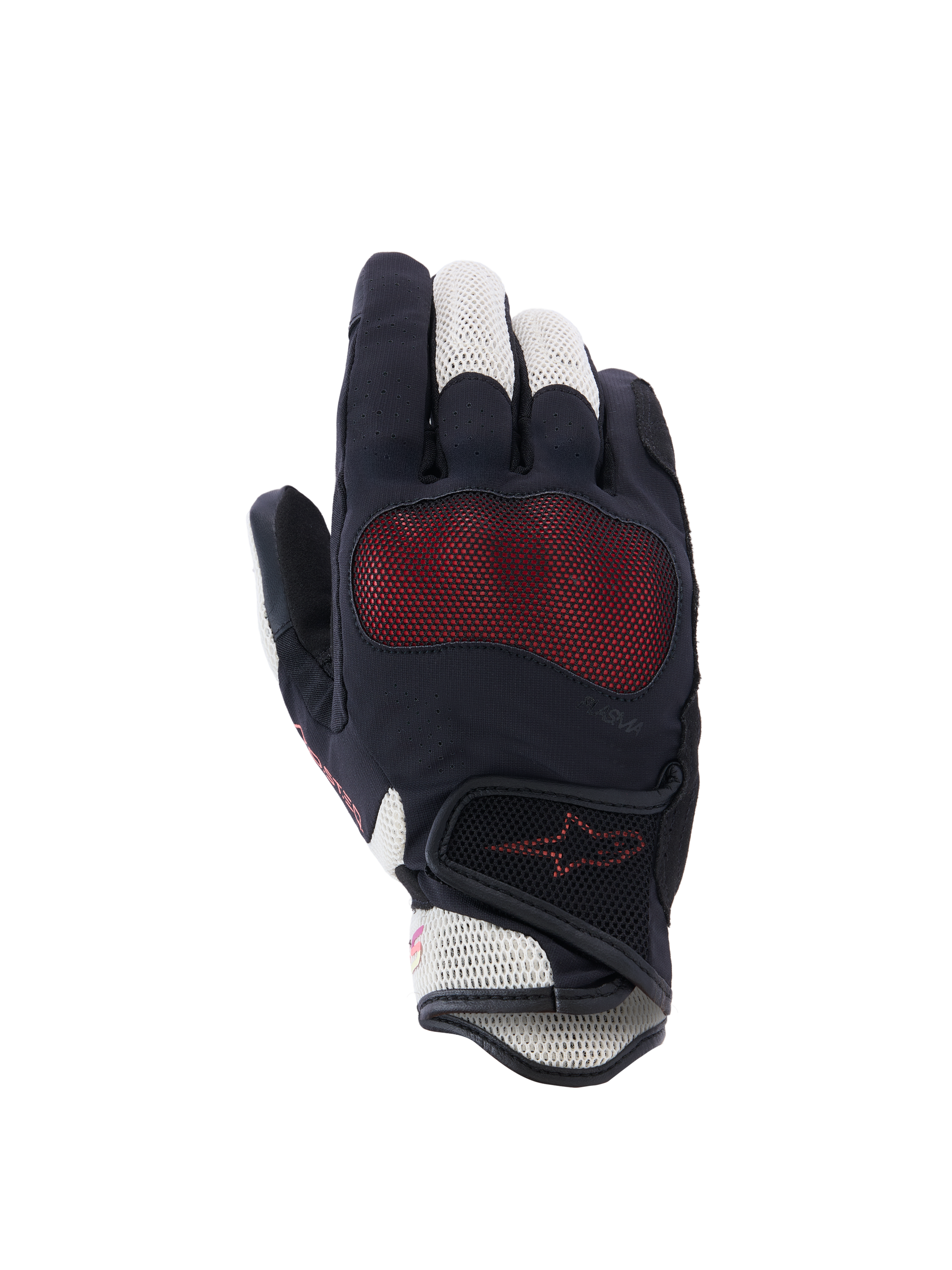 Alpinestars Stella Mogress Airflow handsker, motorcykelhandsker til damer, sort, ecru og fading coral, set fra håndryggen med 3D-mesh-indsatser, Nucleon Plasma knoglebeskyttelse og velcrolukning ved håndleddet