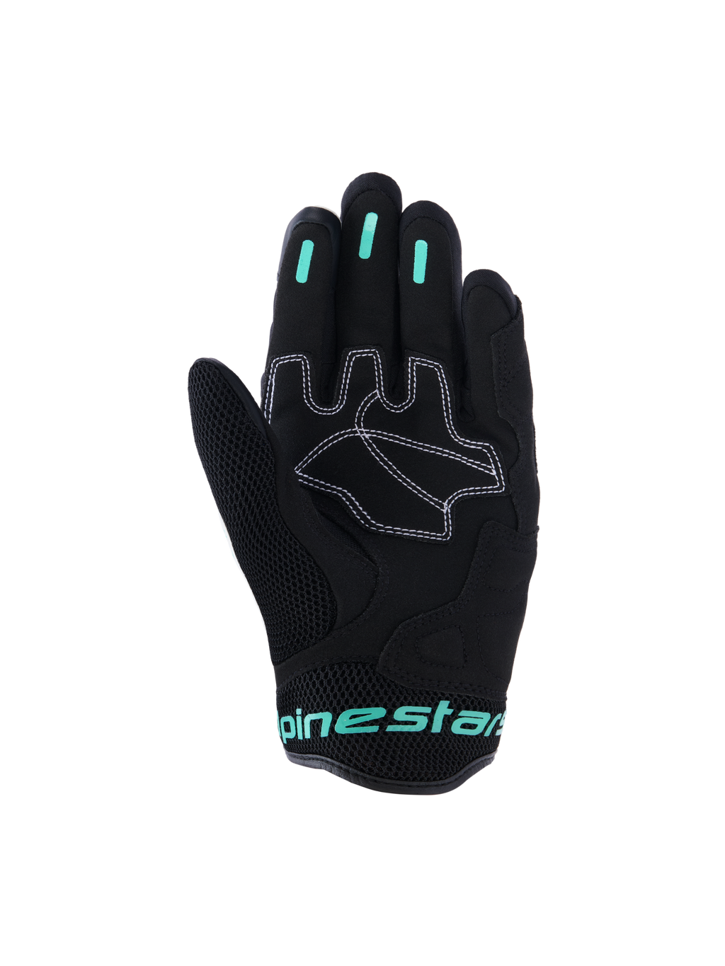 Alpinestars Stella Mogress Airflow handsker, urban motorcykelhandsker til damer, sort med Tropical Teal-detaljer, håndfladevisning der viser syntetiske håndfladeforstærkninger med hvide syninger, mesh-område på tommelfingeren og silikone-gribindlæg på fingrene.