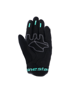 Alpinestars Stella Mogress Airflow handsker, urban motorcykelhandsker til damer, sort med Tropical Teal-detaljer, håndfladevisning der viser syntetiske håndfladeforstærkninger med hvide syninger, mesh-område på tommelfingeren og silikone-gribindlæg på fingrene.