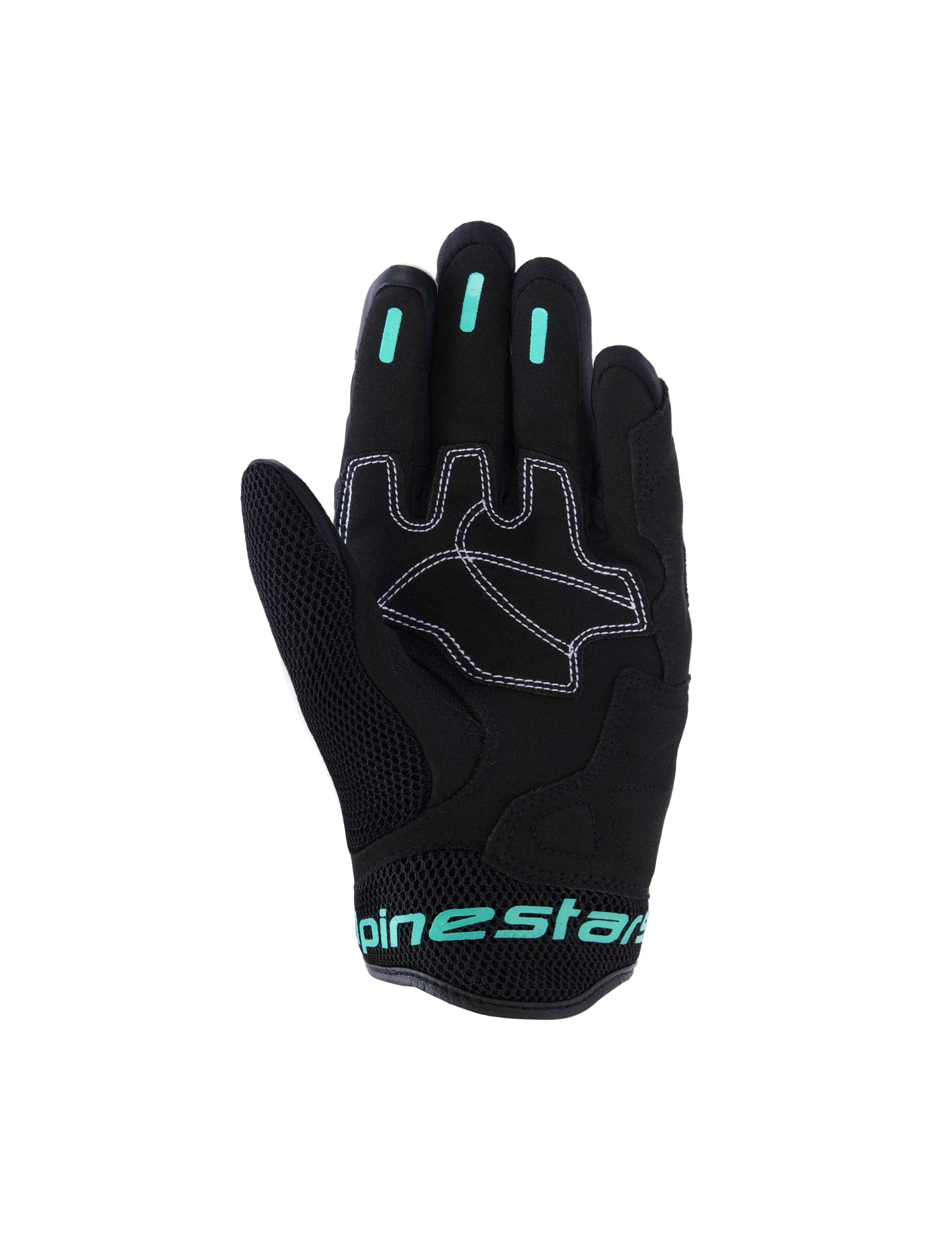 Alpinestars Stella Mogress Airflow handsker, urban motorcykelhandsker til damer, sort med Tropical Teal-detaljer, håndfladevisning der viser syntetiske håndfladeforstærkninger med hvide syninger, mesh-område på tommelfingeren og silikone-gribindlæg på fingrene.