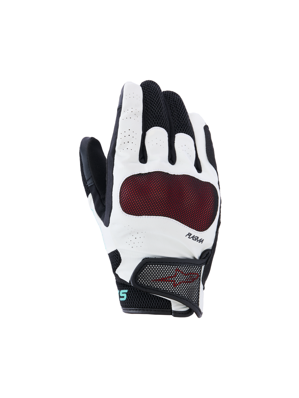 Alpinestars Stella Mogress Airflow handsker, dame motorcykelhandsker, sort og hvid med rød knobeskyttelse, åndbar 3D mesh og perforeret konstruktion, PLASMA-teknologi, urbant design med kort manchet