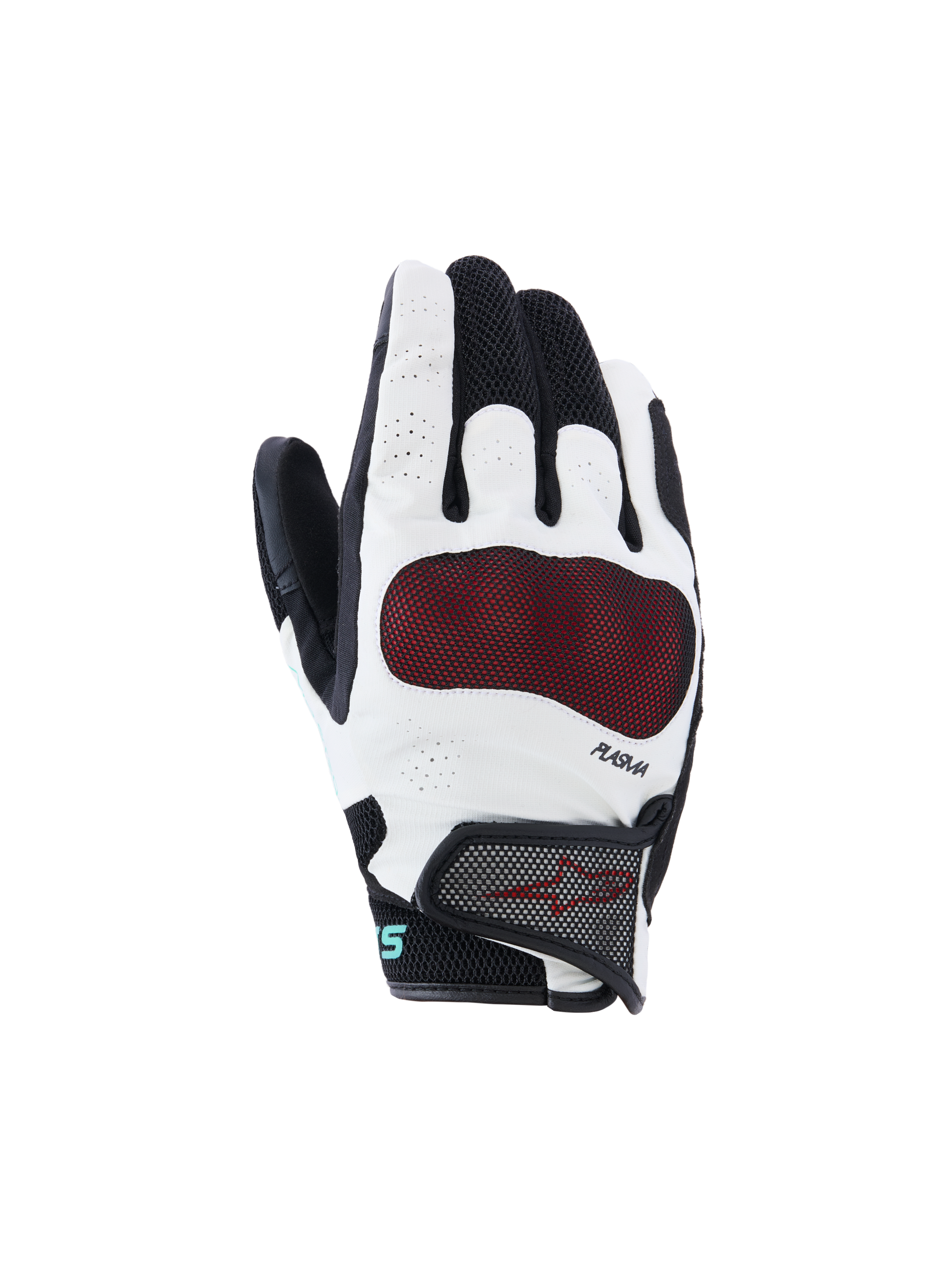 Alpinestars Stella Mogress Airflow handsker, dame motorcykelhandsker, sort og hvid med rød knobeskyttelse, åndbar 3D mesh og perforeret konstruktion, PLASMA-teknologi, urbant design med kort manchet