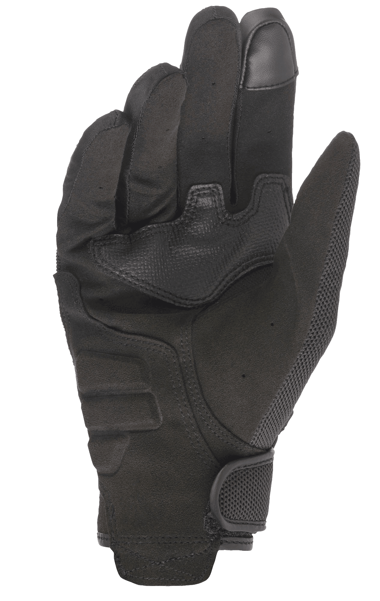Alpinestars Stella Copper Women's Motorcycle Gloves, palm view, Black, featuring full synthetic suede palm with reinforcement patches, touchscreen-compatible fingertip, and hook and loop wrist closure