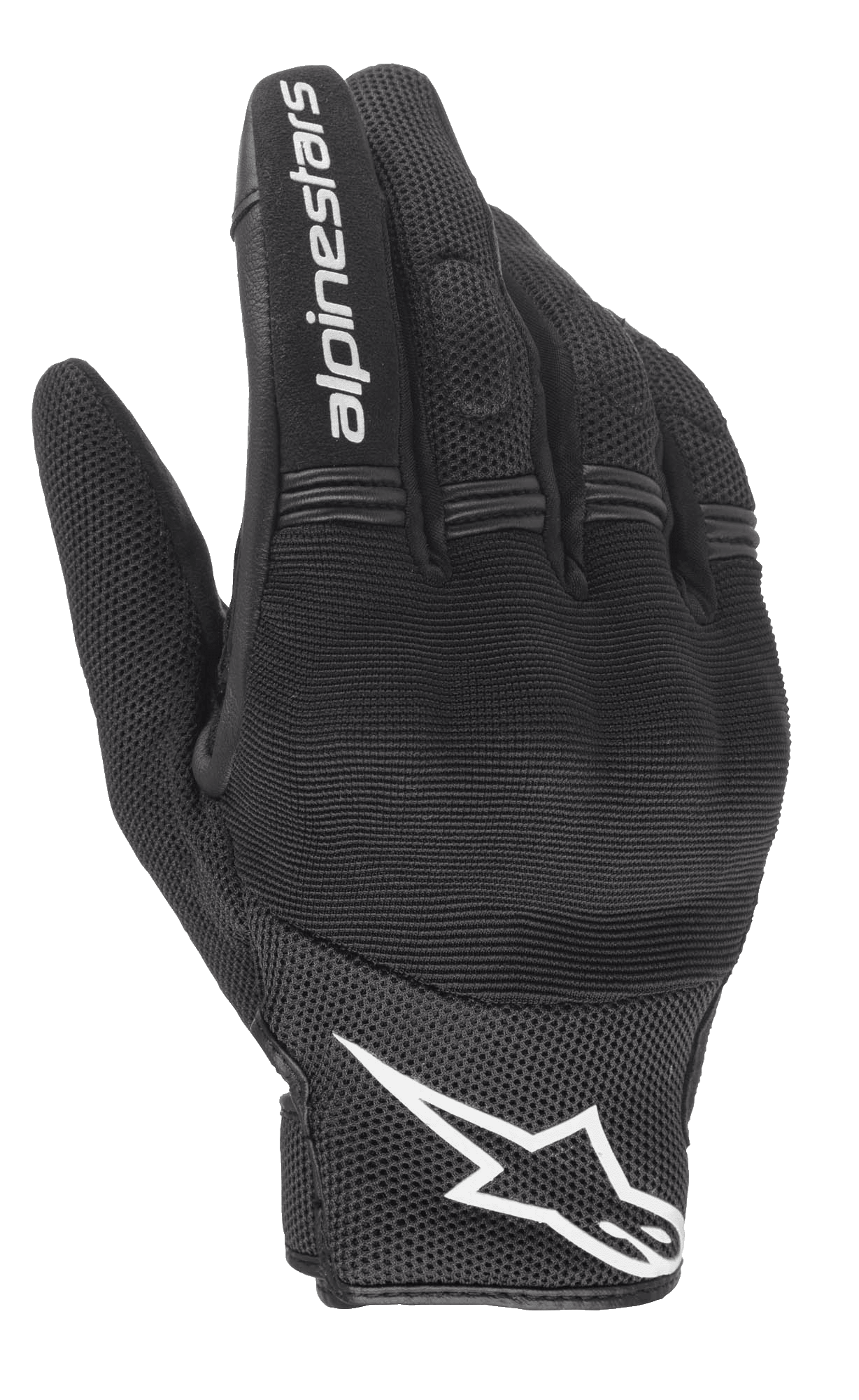 Alpinestars Stella Copper Women's Gloves, Black and White, backhand view featuring mesh construction with hard knuckle protection under spandex, white Alpinestars wordmark on the index finger and logo on the wrist, short cuff urban motorcycle gear.
