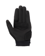 Alpinestars Stated Women's Gloves, Black, palm view showing synthetic suede material, reinforced palm and thumb areas, touchscreen-compatible fingertips, and elastic wrist cuff, urban motorcycle riding gear