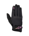 Alpinestars Stated Women's Gloves, Urban Motorcycle Gloves, Black with Pink and Yellow gradient logo, textured airprene backhand, Velcro wrist strap, lightweight and breathable summer gear