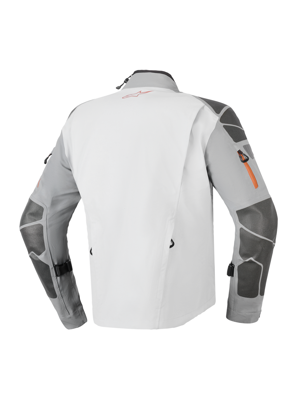 Alpinestars Nazca 3L GORE-TEX PRO-jakke, adventure-motorcykeljakke, mørkegrå og mellemgrå, set bagfra med Superfabric-forstærkninger på ærmer og skuldre, orange lynlåsdetaljer og teknisk 3-lags lamineret konstruktion.