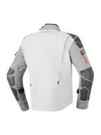 Alpinestars Nazca 3L GORE-TEX PRO-jakke, adventure-motorcykeljakke, mørkegrå og mellemgrå, set bagfra med Superfabric-forstærkninger på ærmer og skuldre, orange lynlåsdetaljer og teknisk 3-lags lamineret konstruktion.