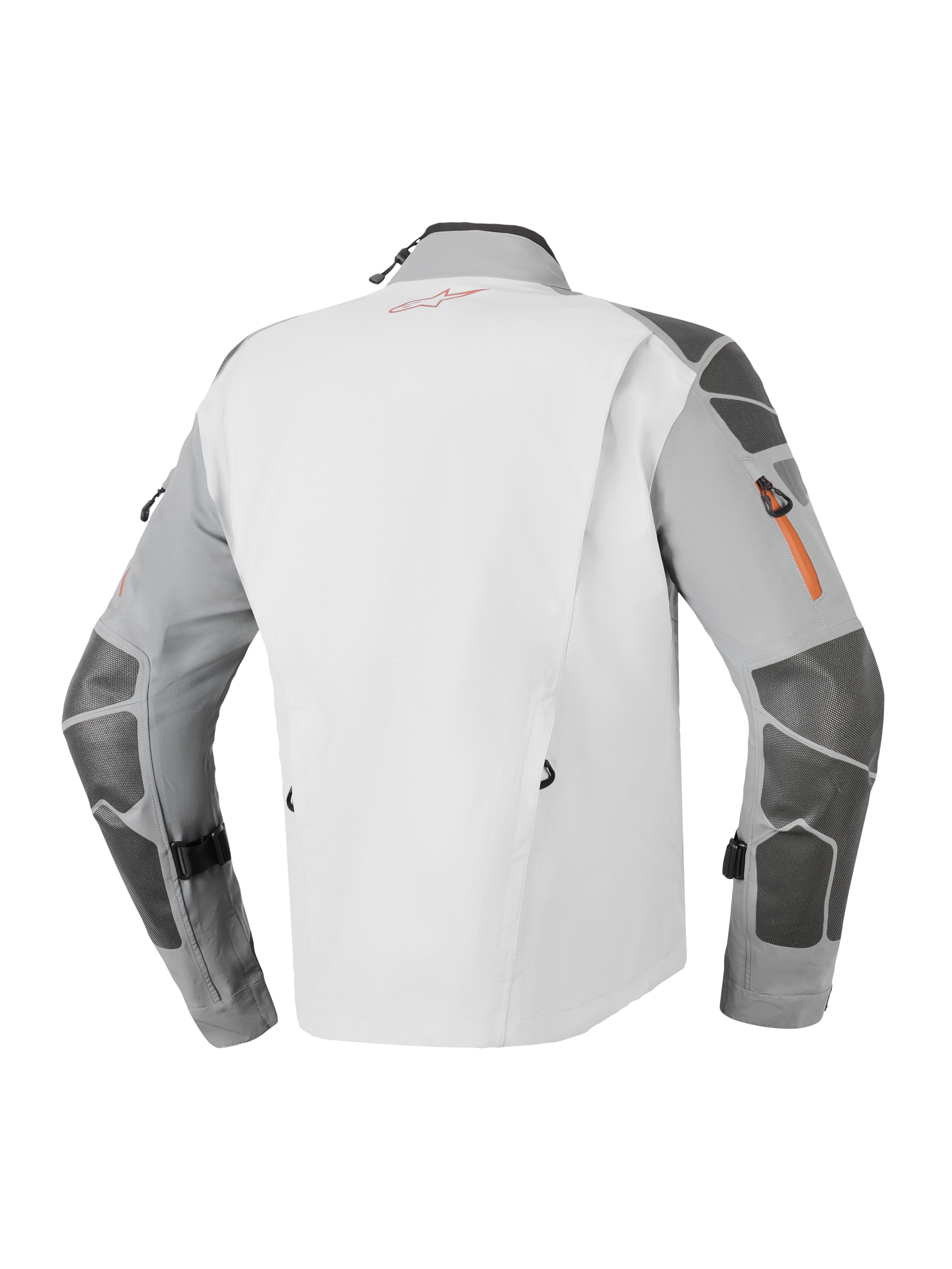 Alpinestars Nazca 3L GORE-TEX PRO-jakke, adventure-motorcykeljakke, mørkegrå og mellemgrå, set bagfra med Superfabric-forstærkninger på ærmer og skuldre, orange lynlåsdetaljer og teknisk 3-lags lamineret konstruktion.