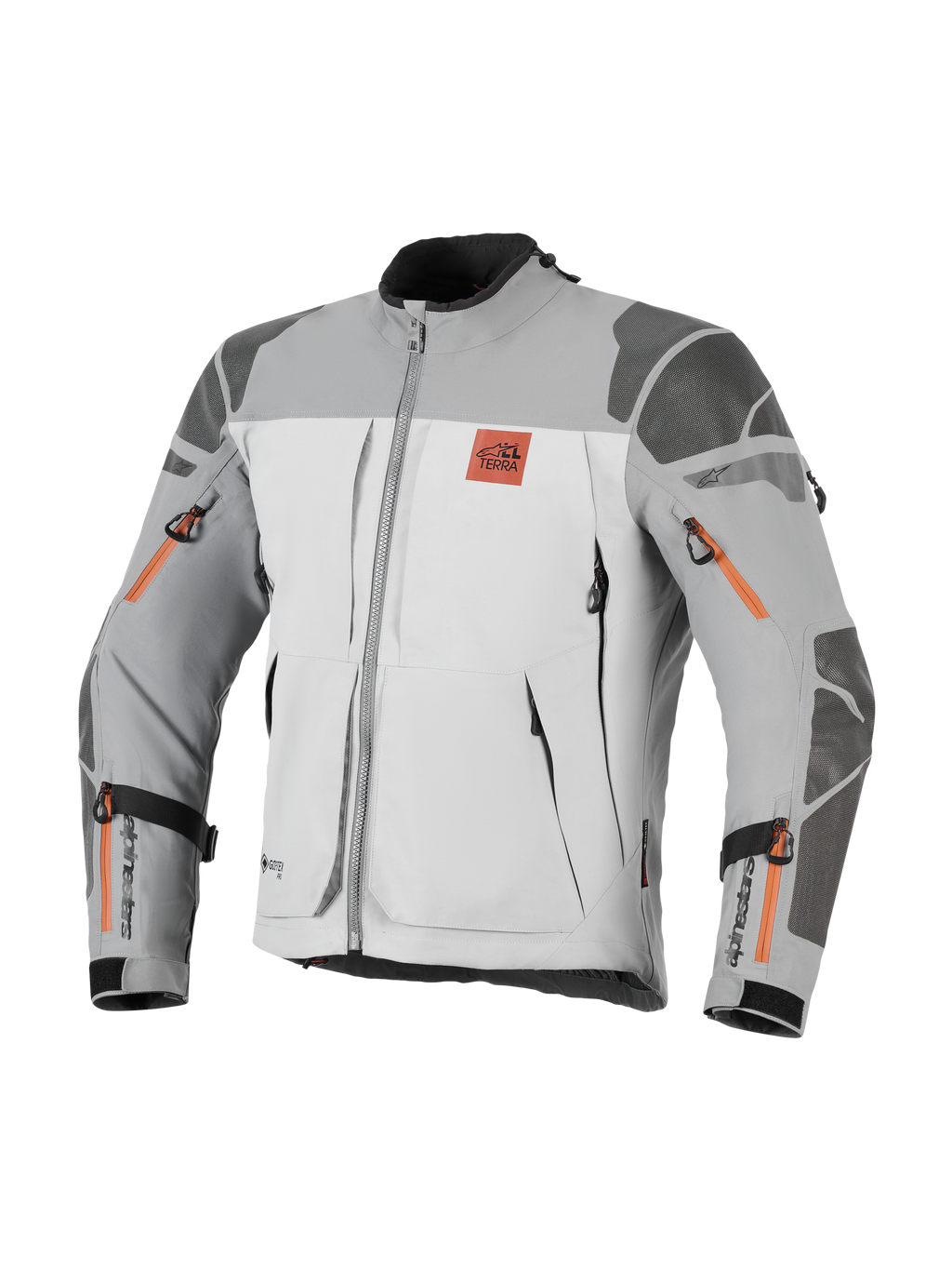 Alpinestars Nazca 3L GORE-TEX PRO jakke, adventure motorcykeljakke, mørkegrå og mellemgrå med orange lynlåsdetaljer, med All Terra-logo på brystet, Superfabric-forstærkninger på skuldre og albuer, flere ventilationsåbninger med lynlås, robust touringdesign