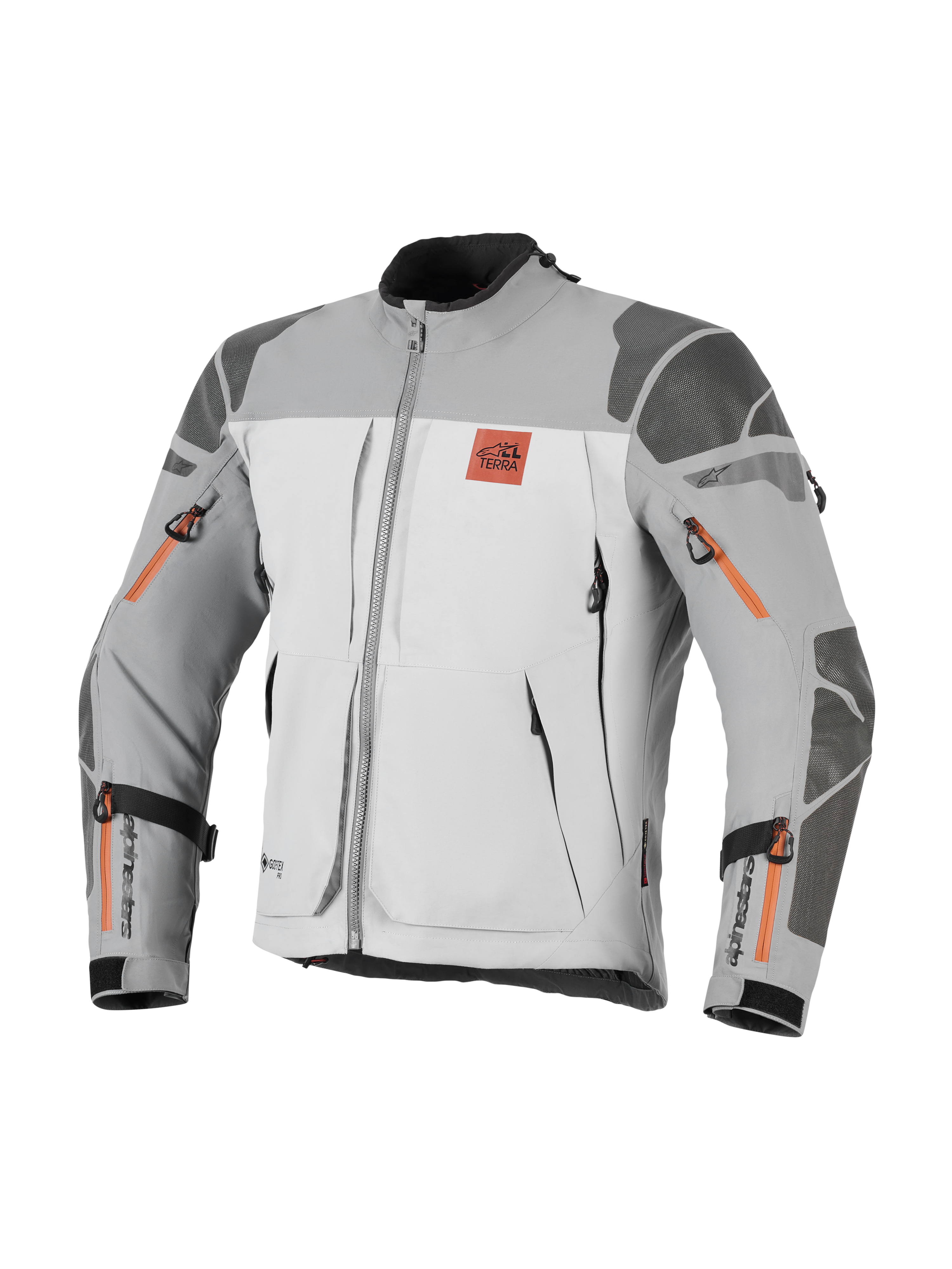 Alpinestars Nazca 3L GORE-TEX PRO jakke, adventure motorcykeljakke, mørkegrå og mellemgrå med orange lynlåsdetaljer, med All Terra-logo på brystet, Superfabric-forstærkninger på skuldre og albuer, flere ventilationsåbninger med lynlås, robust touringdesign