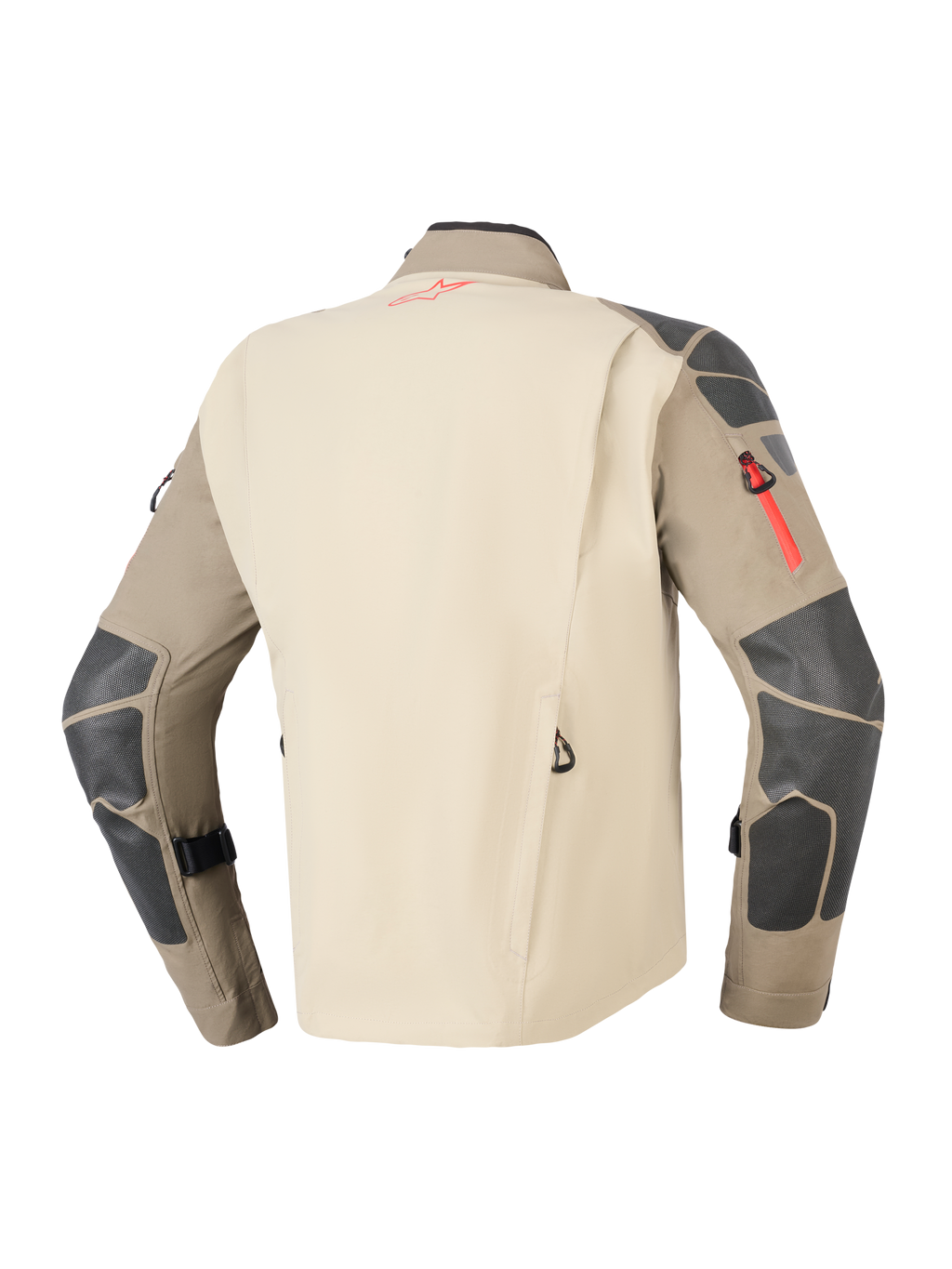 Alpinestars Nazca 3L GORE-TEX PRO Jakke, Walnut Rock Brown, set bagfra med sandfarvet rygpanel og brune ærmer med mørkegrå forstærkninger på skuldre og albuer, røde lynlåse og logo-accenter, holdbart adventure-motorcykeludstyr til touring
