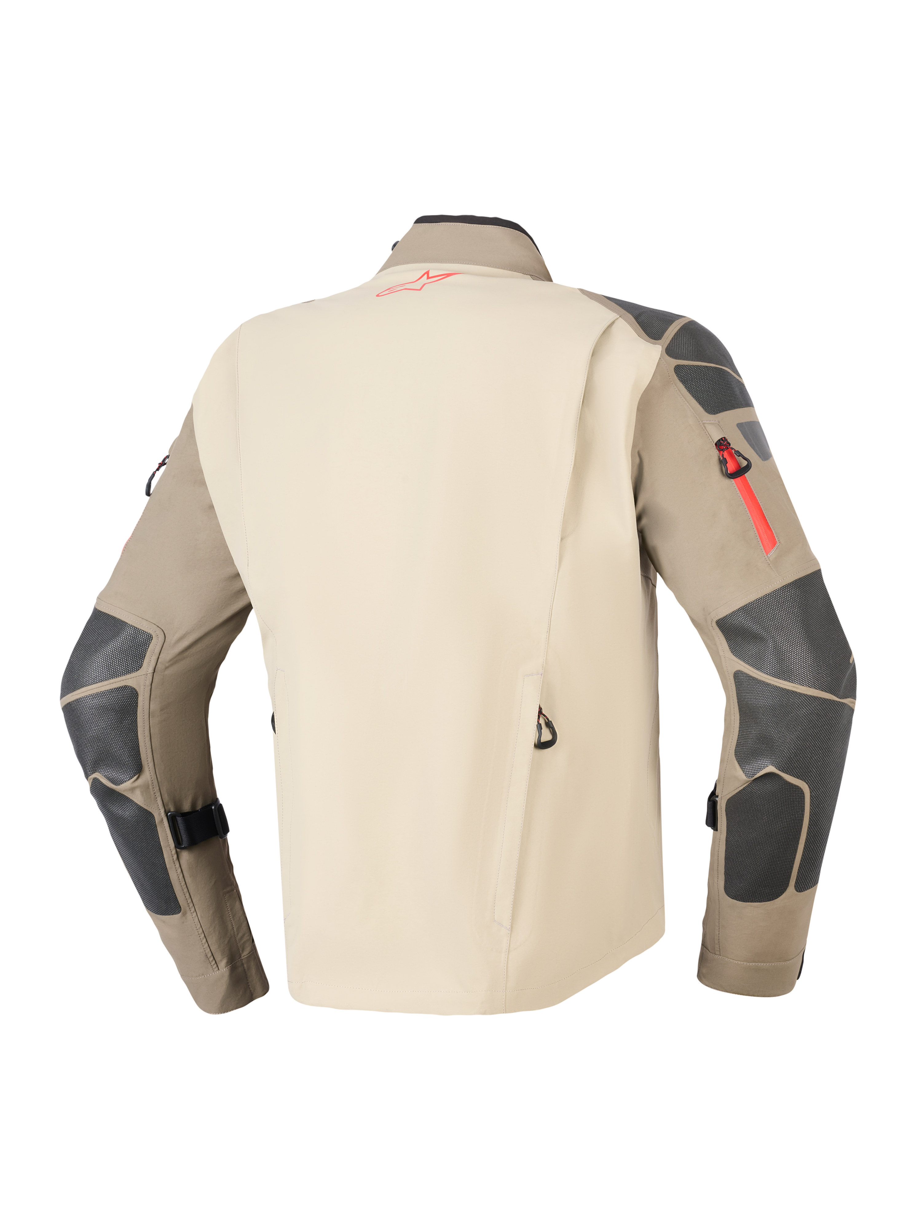 Alpinestars Nazca 3L GORE-TEX PRO Jakke, Walnut Rock Brown, set bagfra med sandfarvet rygpanel og brune ærmer med mørkegrå forstærkninger på skuldre og albuer, røde lynlåse og logo-accenter, holdbart adventure-motorcykeludstyr til touring
