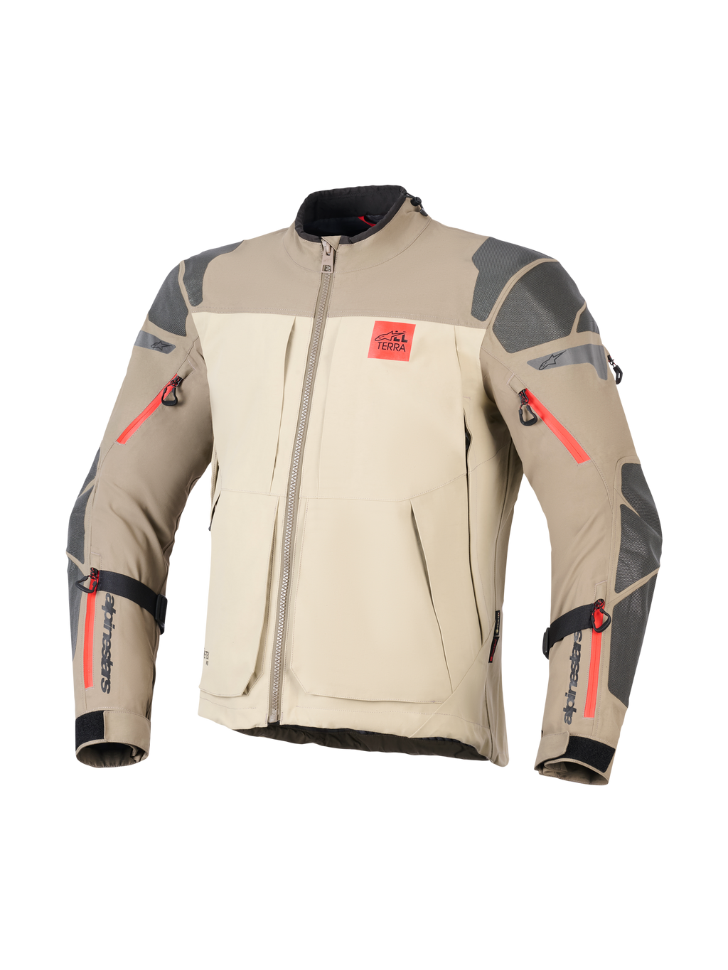 Alpinestars Nazca 3L GORE-TEX PRO-jakke, Walnut Rock Brown, adventure-motorcykeljakke, beige og lysebrun farveopdeling, grå teksturerede forstærkninger på skuldre og albuer, klare røde lynlåsdetaljer, rødt 'ALL TERRA'-logo på brystet, sort Alpinestars-logo på underarmene, slidstærk tekstilkonstruktion