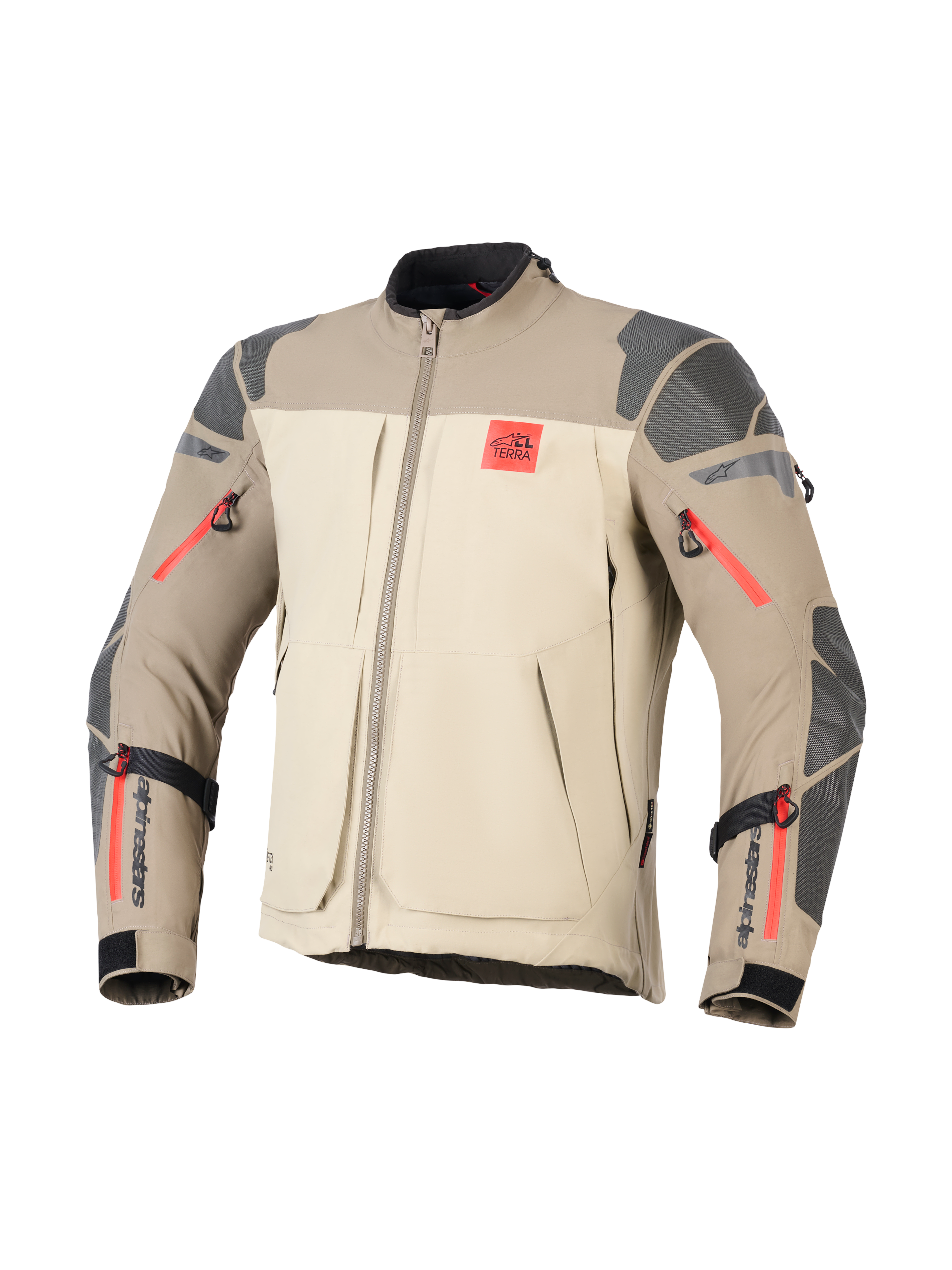 Alpinestars Nazca 3L GORE-TEX PRO-jakke, Walnut Rock Brown, adventure-motorcykeljakke, beige og lysebrun farveopdeling, grå teksturerede forstærkninger på skuldre og albuer, klare røde lynlåsdetaljer, rødt 'ALL TERRA'-logo på brystet, sort Alpinestars-logo på underarmene, slidstærk tekstilkonstruktion