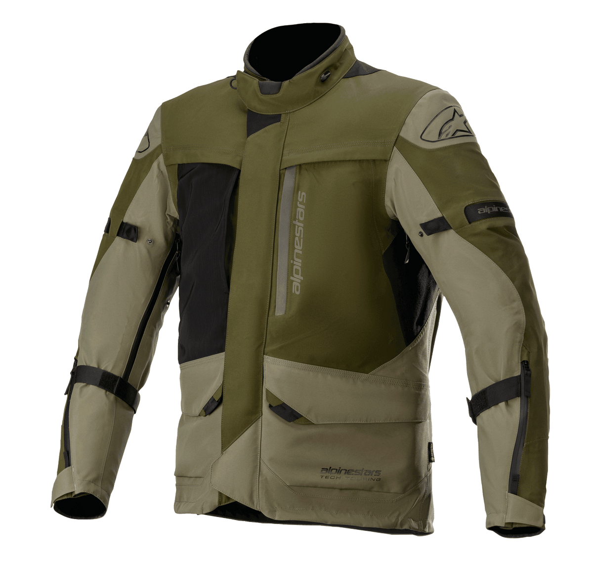 Alpinestars Altamira GORE-TEX Jacket, Motorcycle Touring Jacket, Forest Military Green and Olive with Black accents, multiple front utility pockets and zippers, adjustable arm straps, high collar, waterproof technical construction for adventure riding