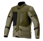 Alpinestars Altamira GORE-TEX Jacket, Motorcycle Touring Jacket, Forest Military Green and Olive with Black accents, multiple front utility pockets and zippers, adjustable arm straps, high collar, waterproof technical construction for adventure riding