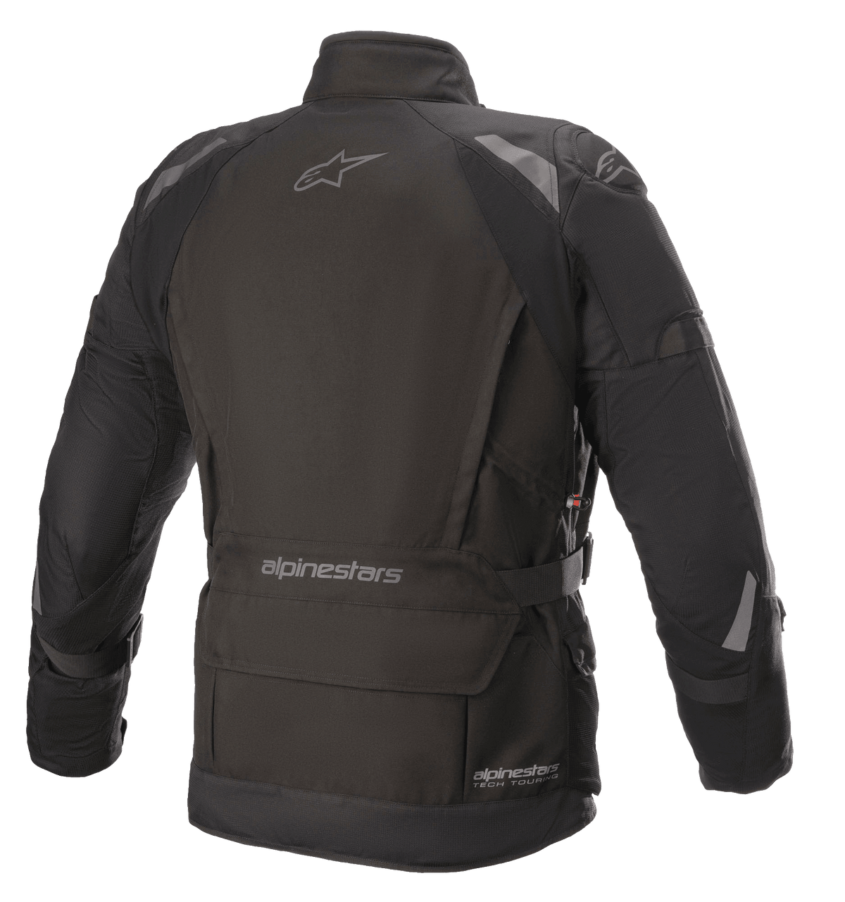 Alpinestars Ketchum GORE-TEX jakke, motorcykeljakke, sort, set bagfra med forlænget touring-snit, reflekterende detaljer på skuldre og arme, Alpinestars-branding på øvre ryg og det nederste taljeområde.