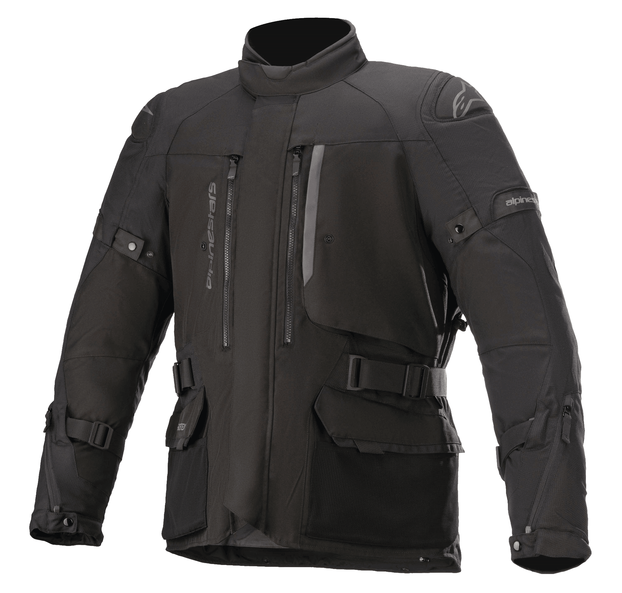 Alpinestars Ketchum GORE-TEX-jakke, sort motorcykel touringjakke med høj krave, flere ventilationsåbninger med lynlås og store cargo-lommer, justerbare stropper på ærmer og i taljen, forstærkede skulderpaneler og holdbar tekstilkonstruktion til adventure-kørsel