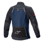 Alpinestars Boulder GORE-TEX jakke, teknisk touring-motorcykeljakke, mørkeblå og sort, set bagfra med en stor baglomme med sølvfarvet stjernelogo, hydreringsrum og GORE-TEX-branding på kraven.