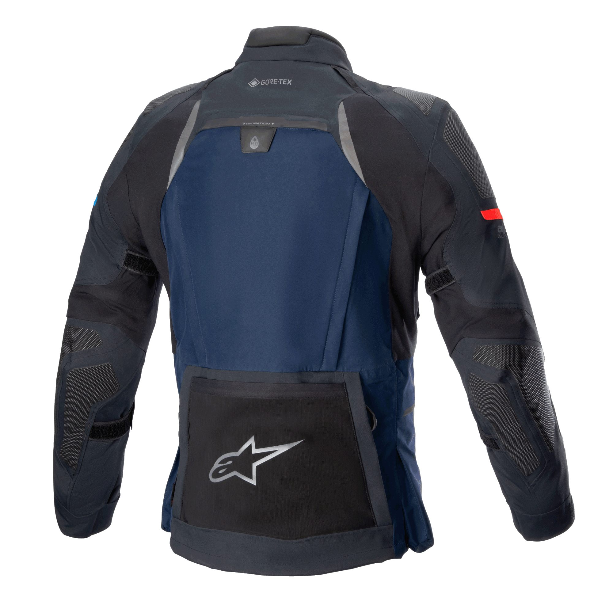 Alpinestars Boulder GORE-TEX jakke, teknisk touring-motorcykeljakke, mørkeblå og sort, set bagfra med en stor baglomme med sølvfarvet stjernelogo, hydreringsrum og GORE-TEX-branding på kraven.